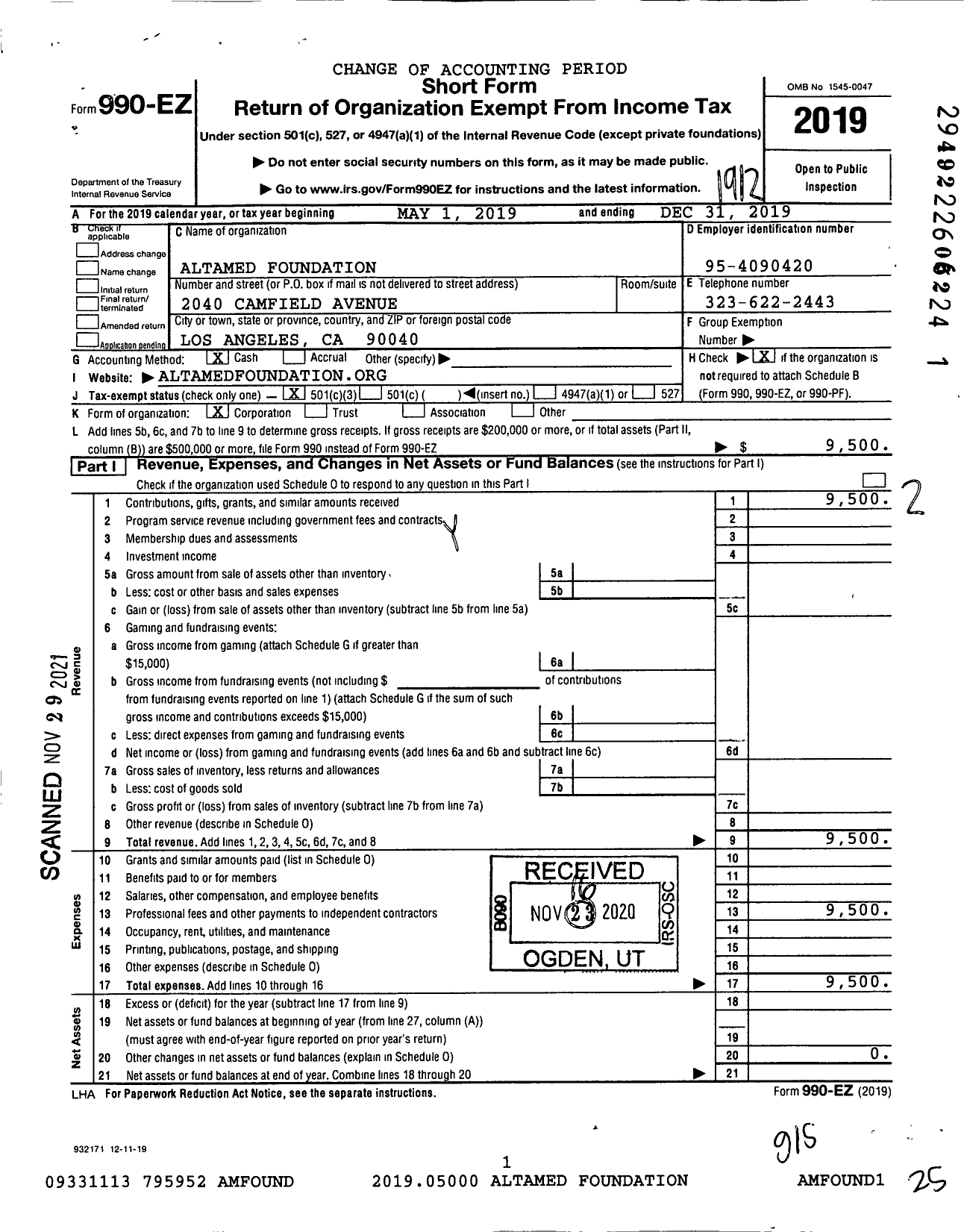 Image of first page of 2019 Form 990EZ for Altamed Foundation