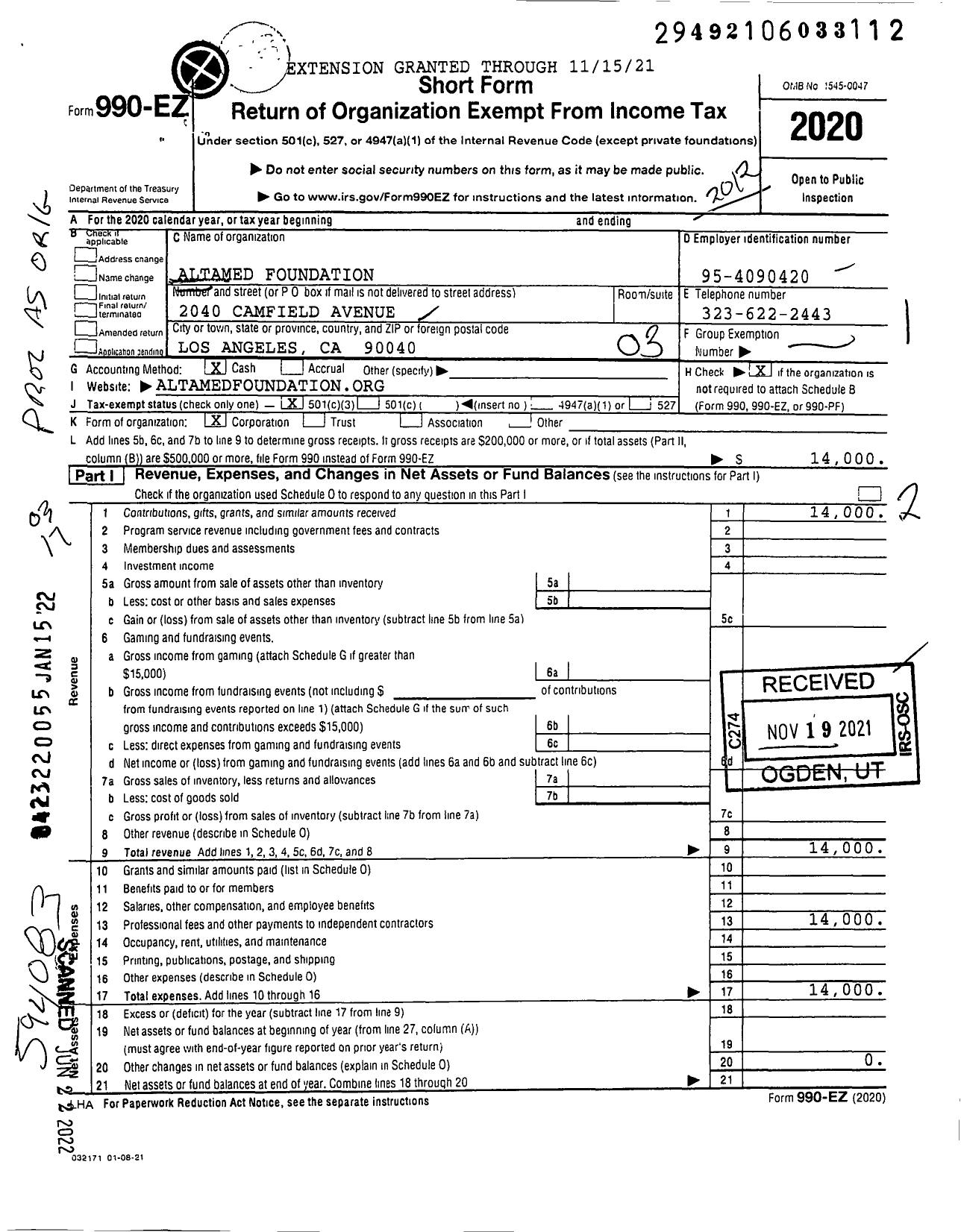 Image of first page of 2020 Form 990EZ for Altamed Foundation