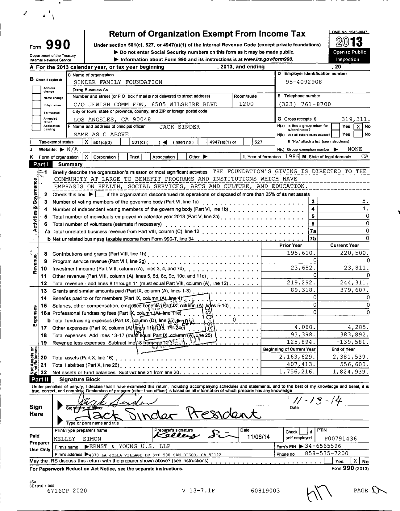Image of first page of 2013 Form 990 for Sinder Family Foundation
