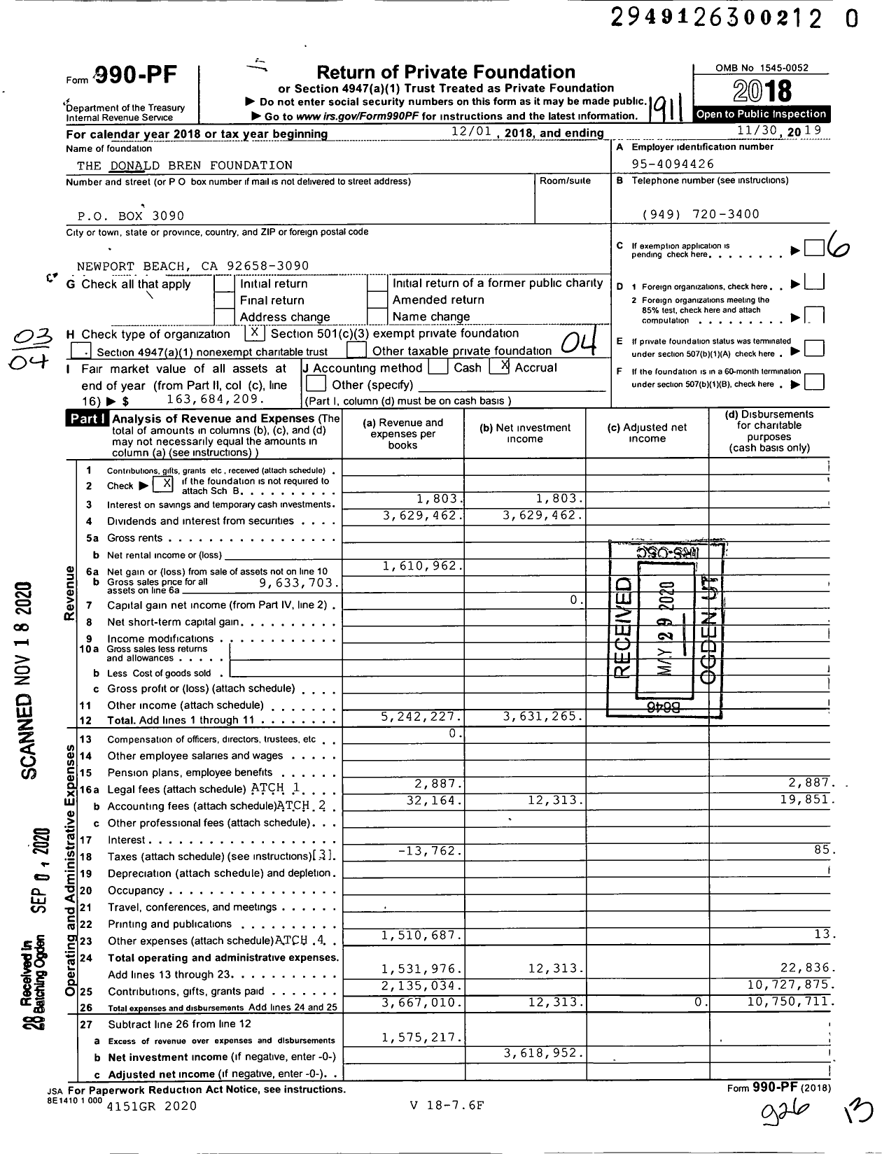 Image of first page of 2018 Form 990PF for The Donald Bren Foundation