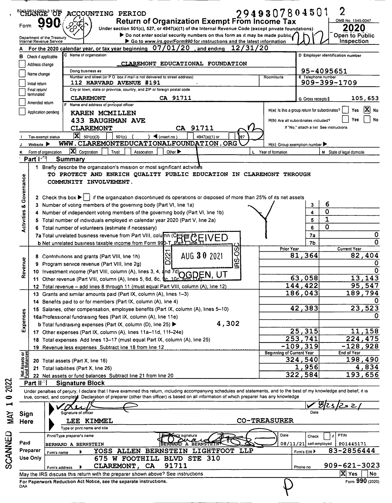 Image of first page of 2020 Form 990 for Claremont Educational Foundation
