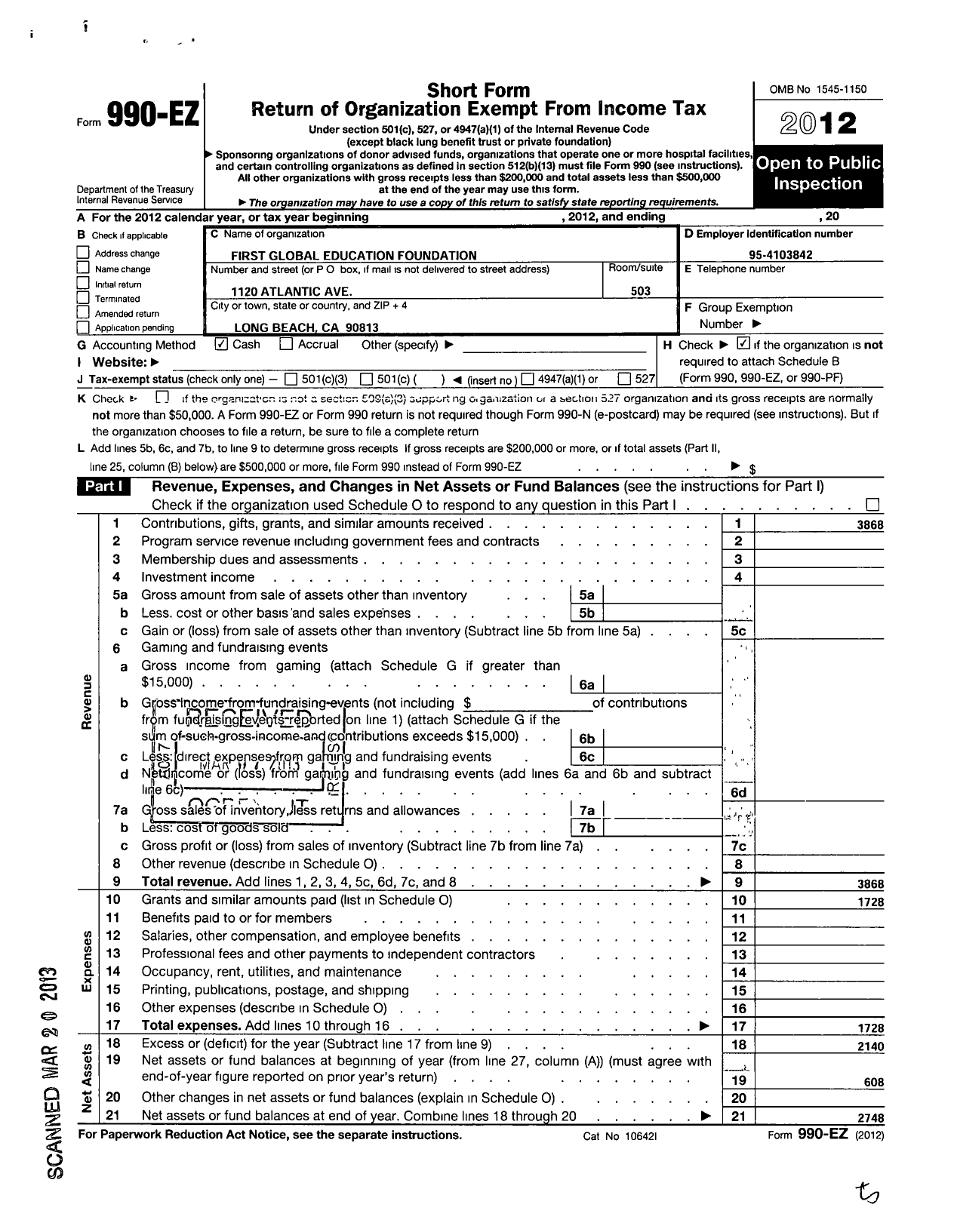 Image of first page of 2012 Form 990EO for First Global Education Foundation