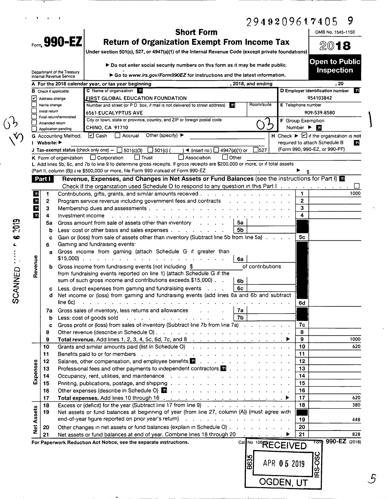 Image of first page of 2018 Form 990EZ for First Global Education Foundation