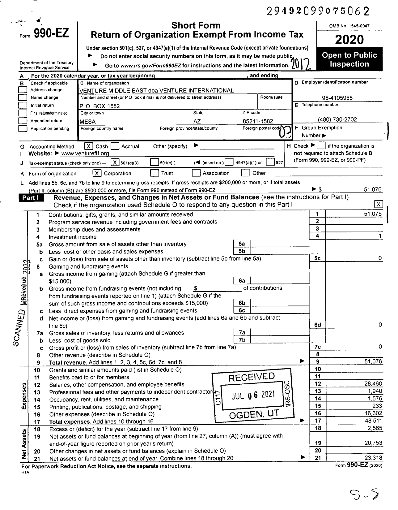 Image of first page of 2020 Form 990EZ for Venture International