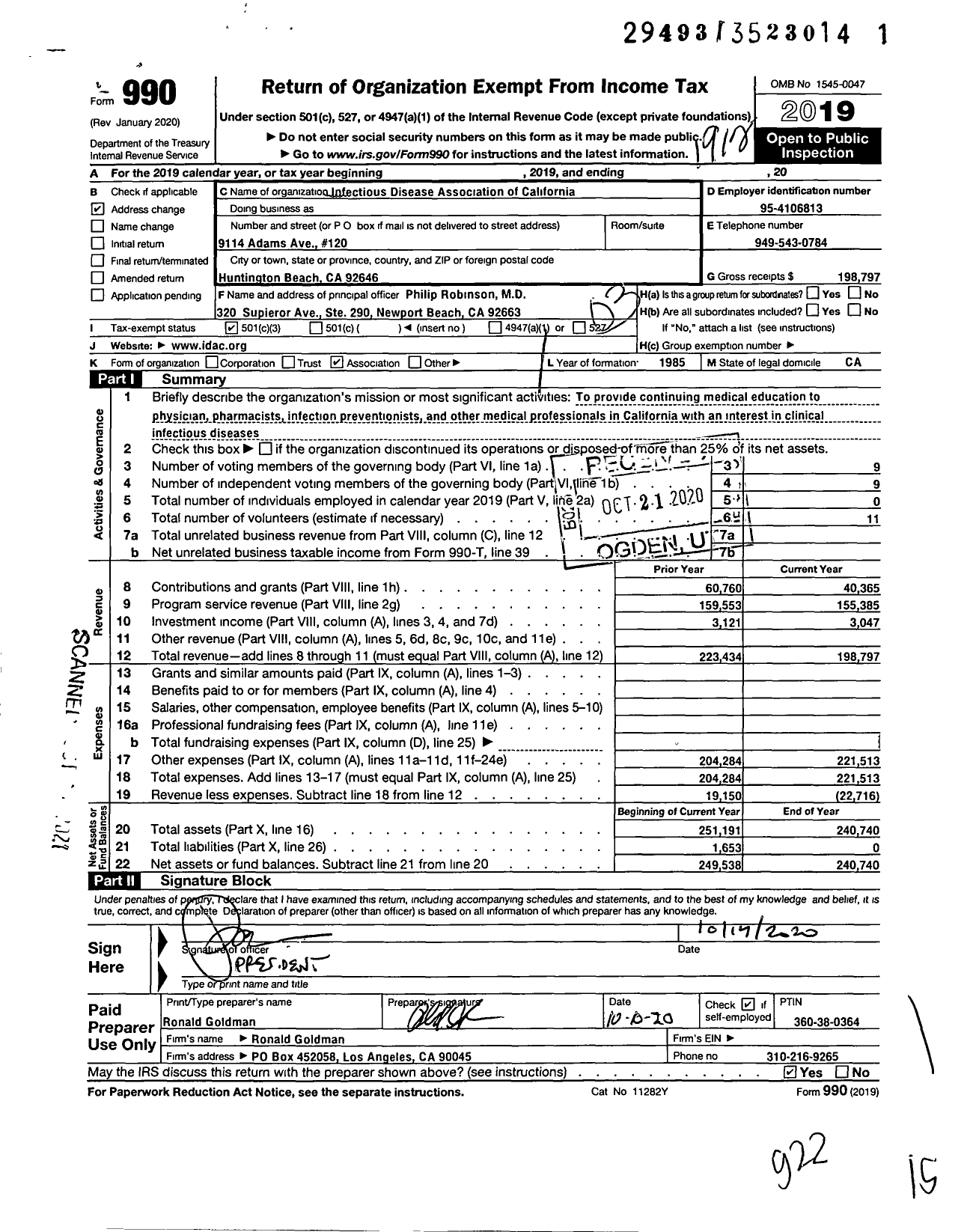 Image of first page of 2019 Form 990 for Infectious Disease Association of California