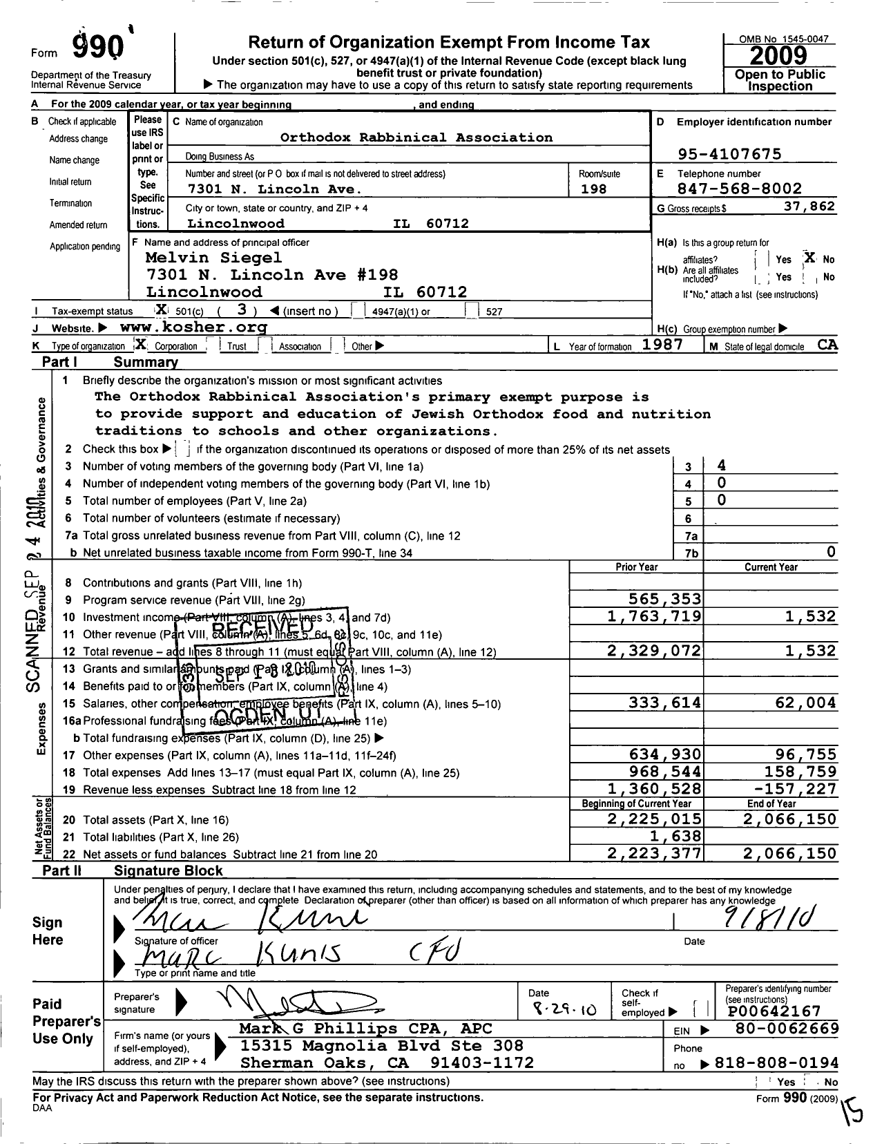 Image of first page of 2009 Form 990 for The Orthodox Rabbinical Association