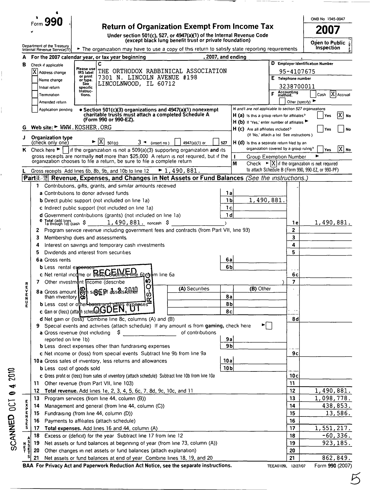 Image of first page of 2007 Form 990 for The Orthodox Rabbinical Association