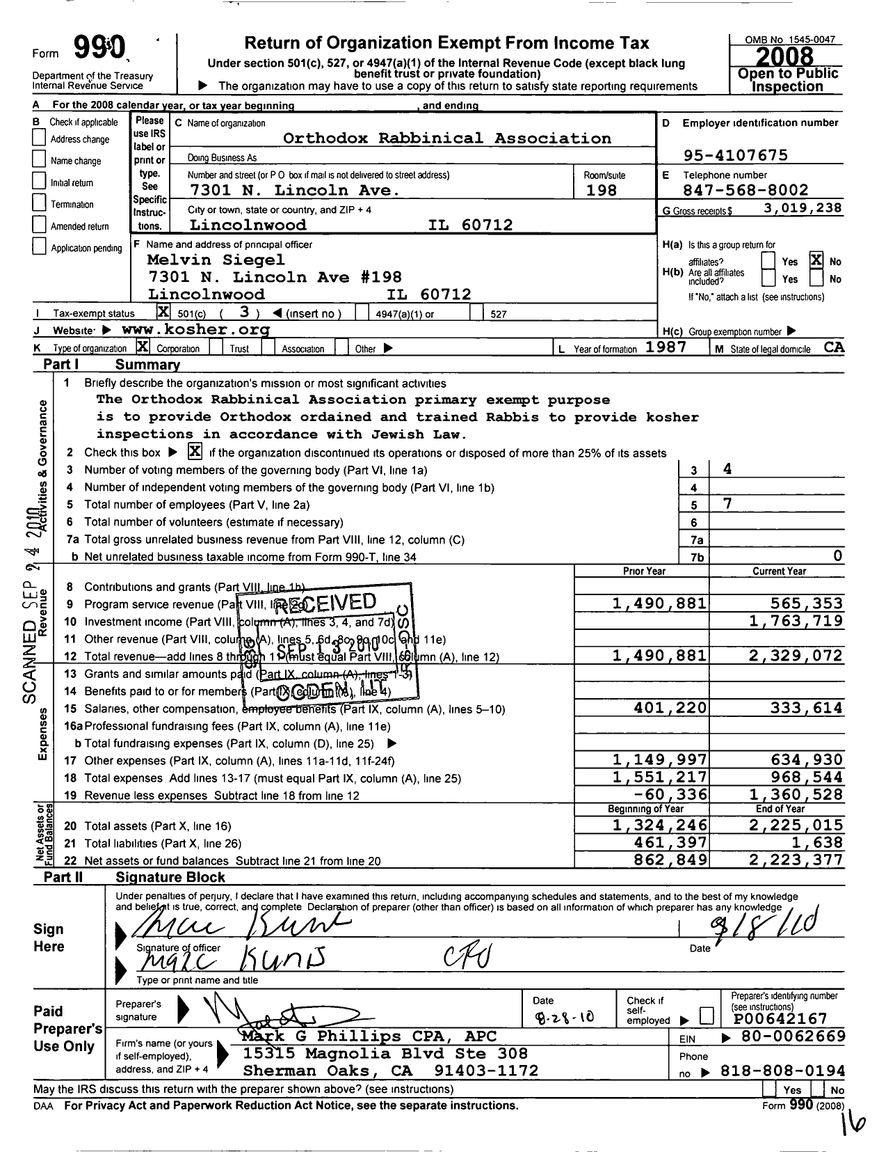 Image of first page of 2008 Form 990 for The Orthodox Rabbinical Association