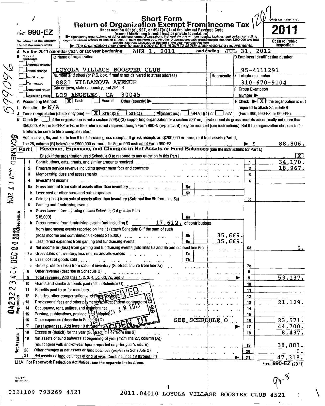 Image of first page of 2011 Form 990EZ for Loyola Village Booster Club