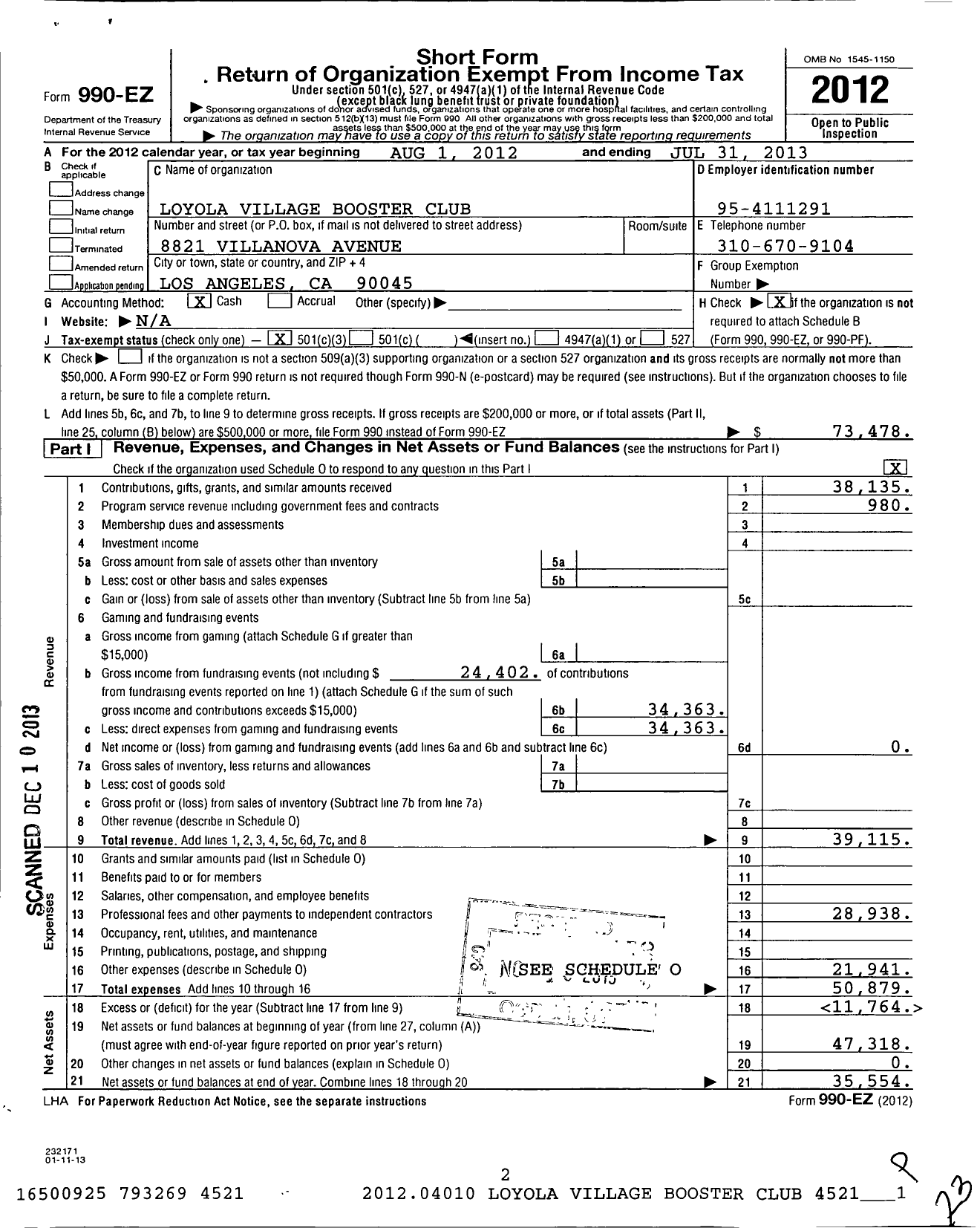 Image of first page of 2012 Form 990EZ for Loyola Village Booster Club