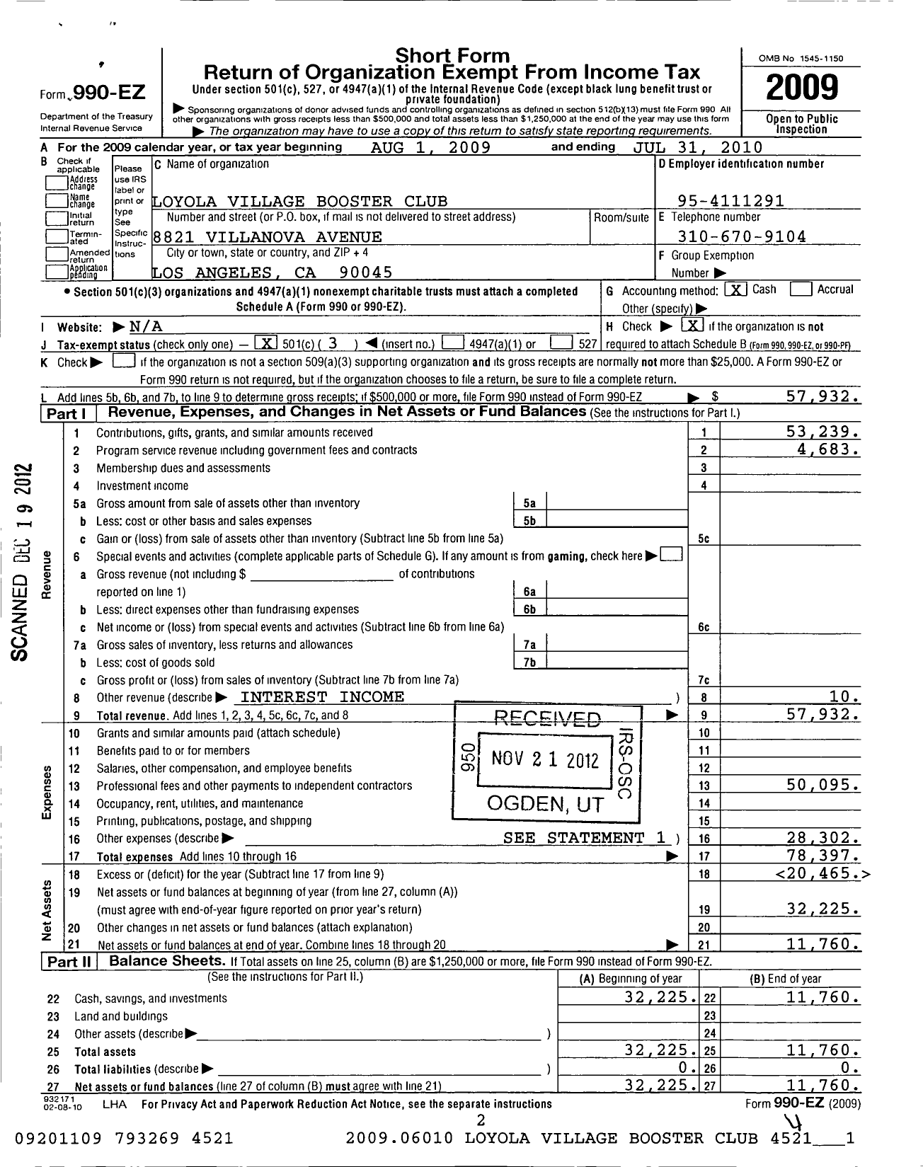 Image of first page of 2009 Form 990EZ for Loyola Village Booster Club