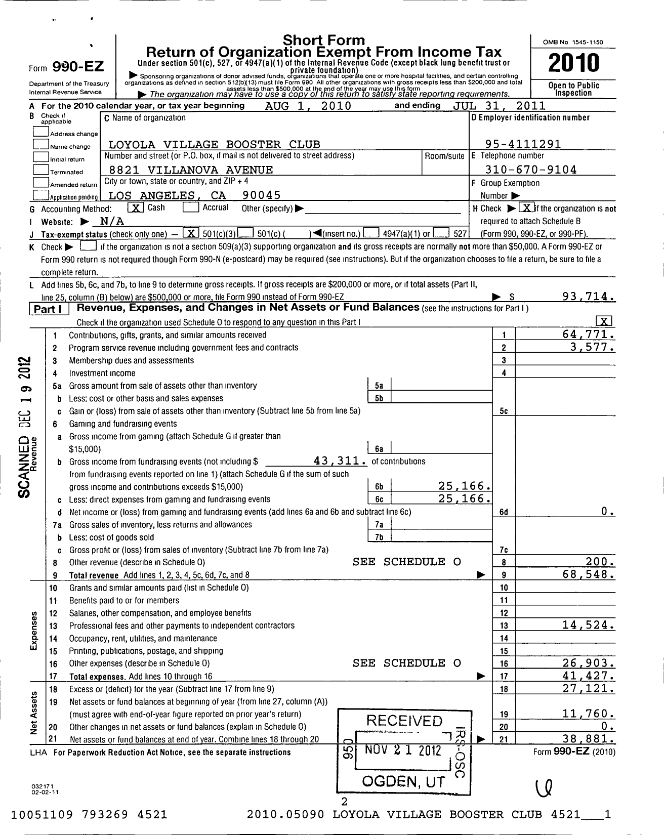 Image of first page of 2010 Form 990EZ for Loyola Village Booster Club