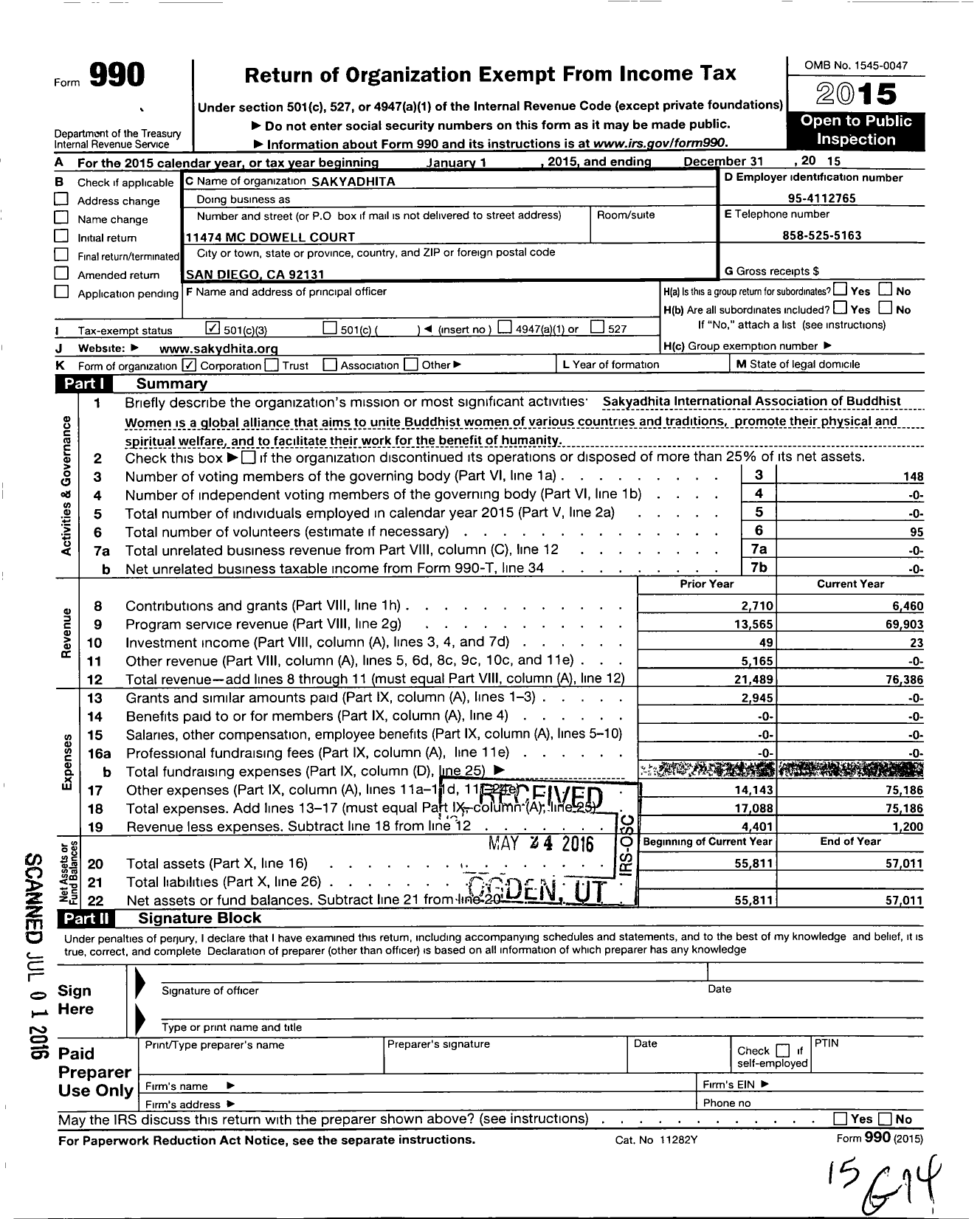 Image of first page of 2015 Form 990 for Sakyadhita