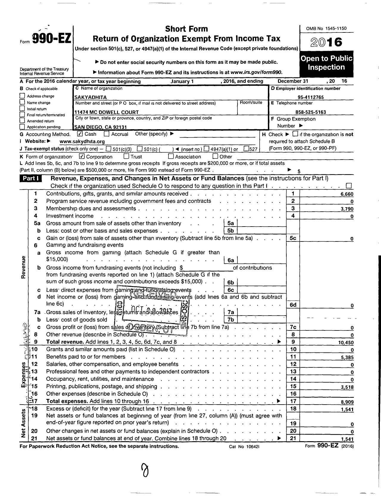 Image of first page of 2016 Form 990EO for Sakyadhita