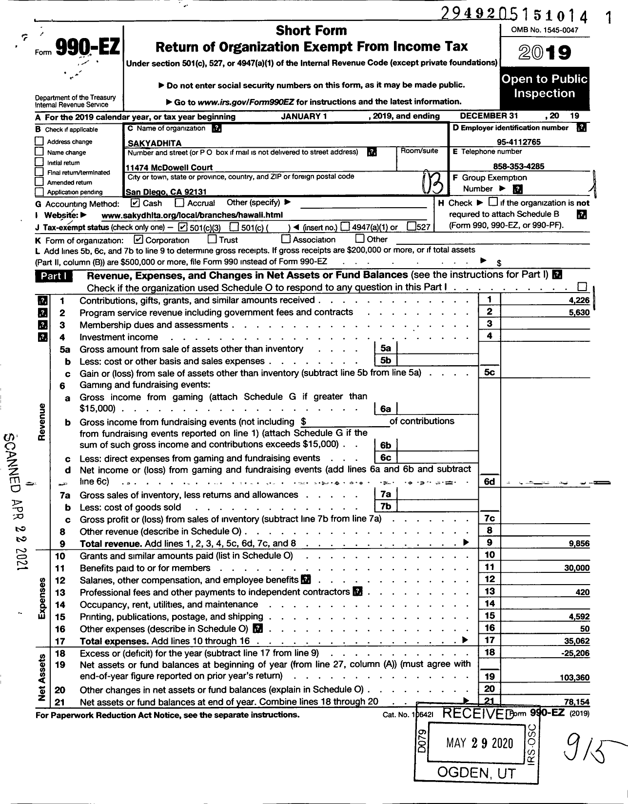 Image of first page of 2019 Form 990EZ for Sakyadhita