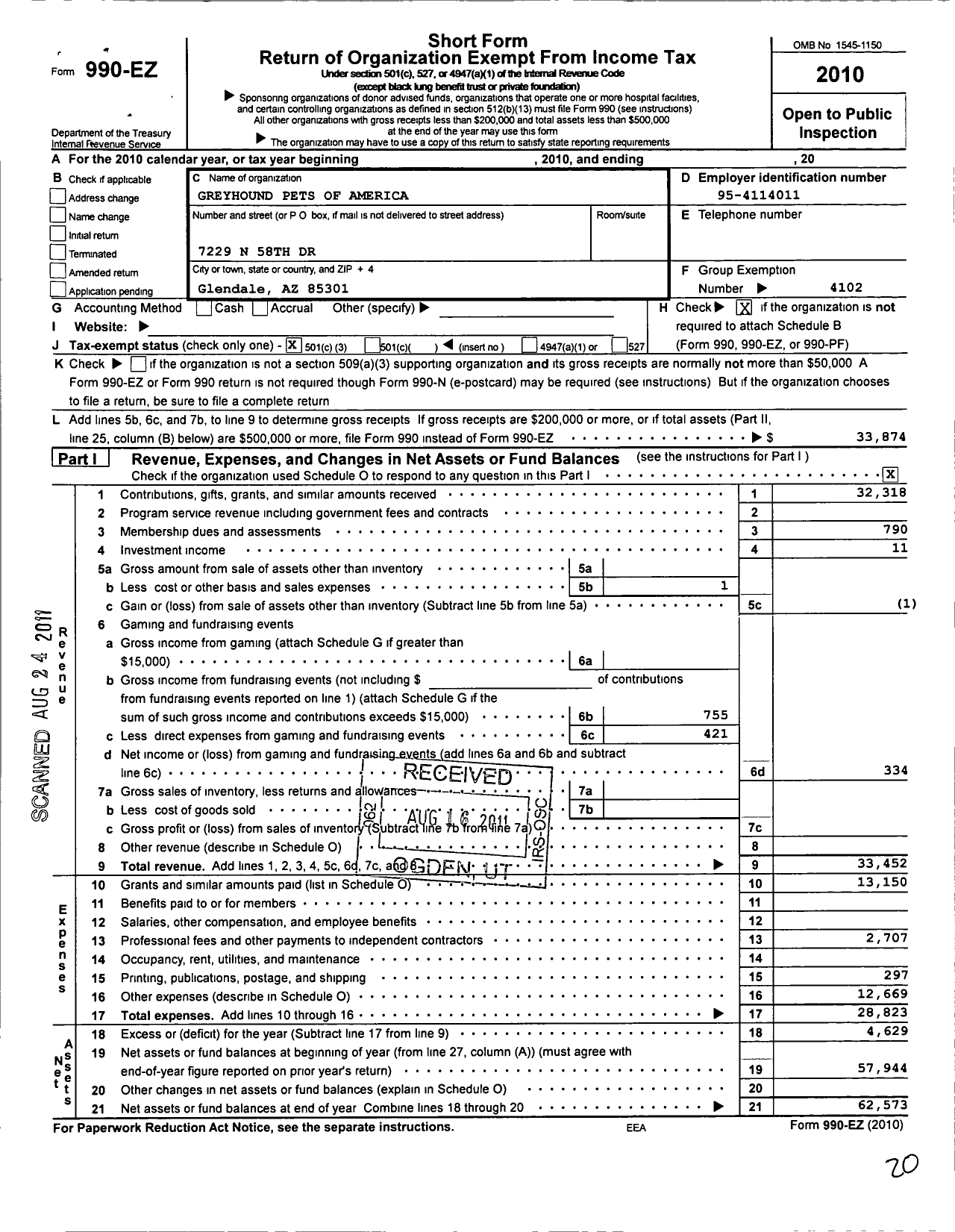 Image of first page of 2010 Form 990EZ for Greyhound Pets of America