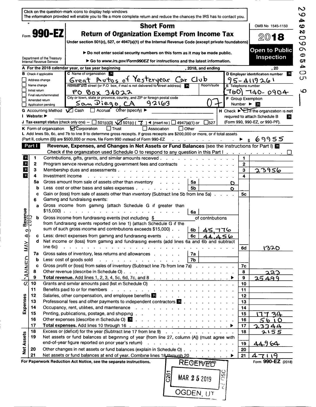 Image of first page of 2018 Form 990EO for Great Autos of Yesteryear