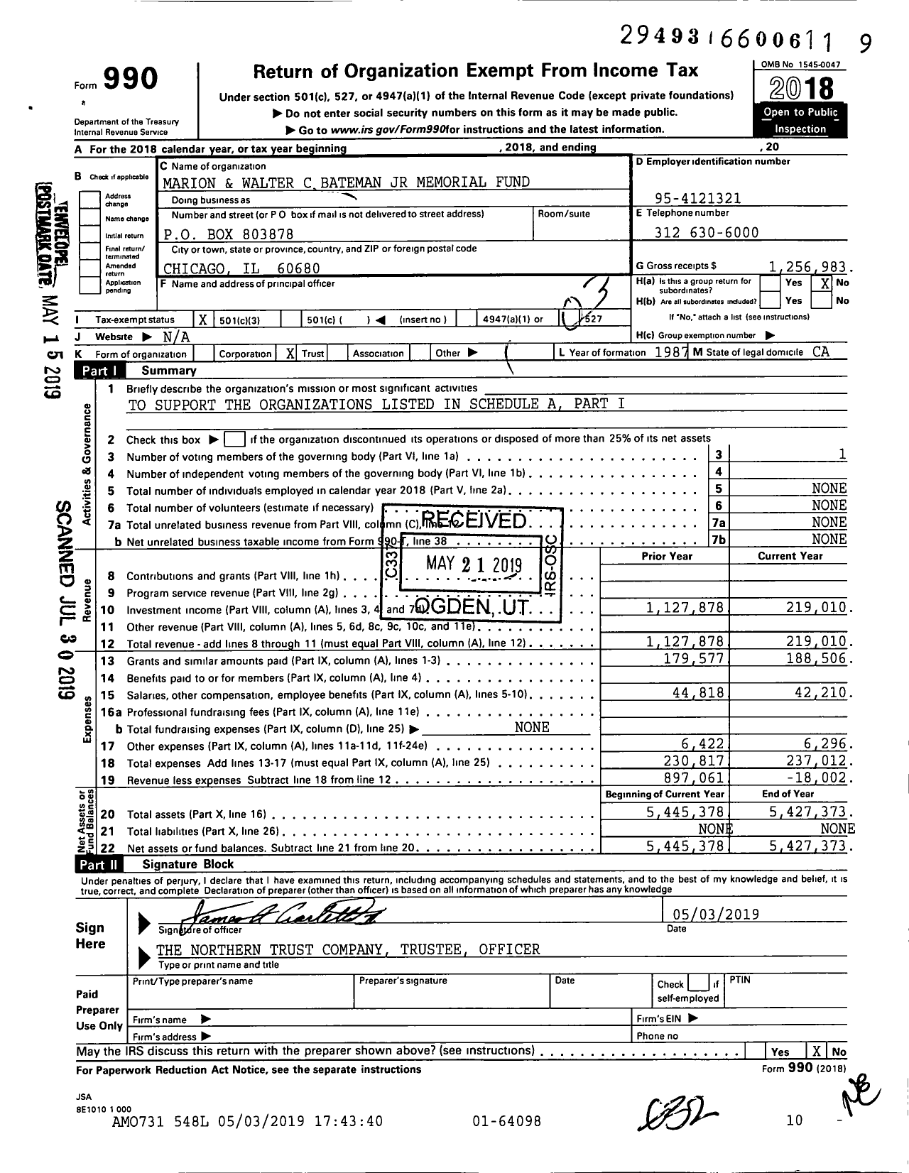 Image of first page of 2018 Form 990 for Marion and Walter C Bateman JR Memorial Fund