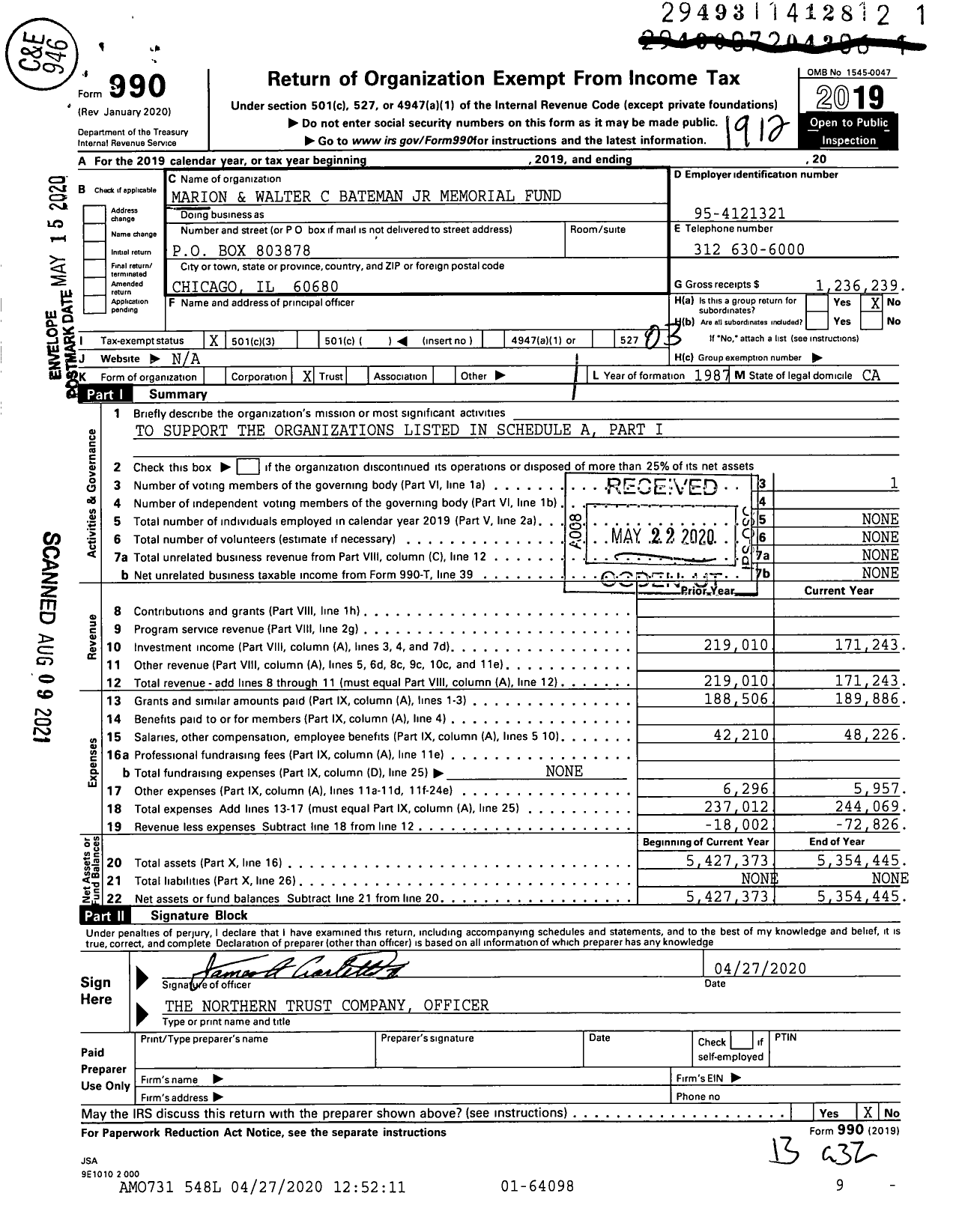 Image of first page of 2019 Form 990 for Marion and Walter C Bateman JR Memorial Fund