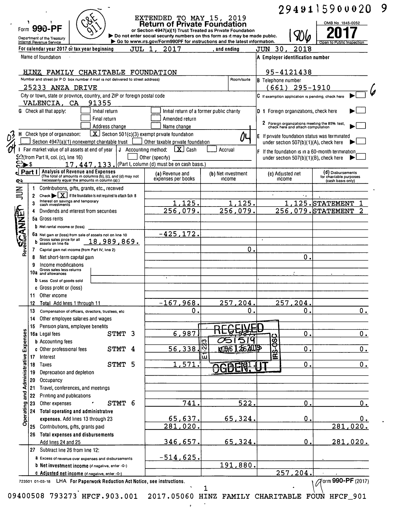 Image of first page of 2017 Form 990PF for Hinz Family Charitable Foundation