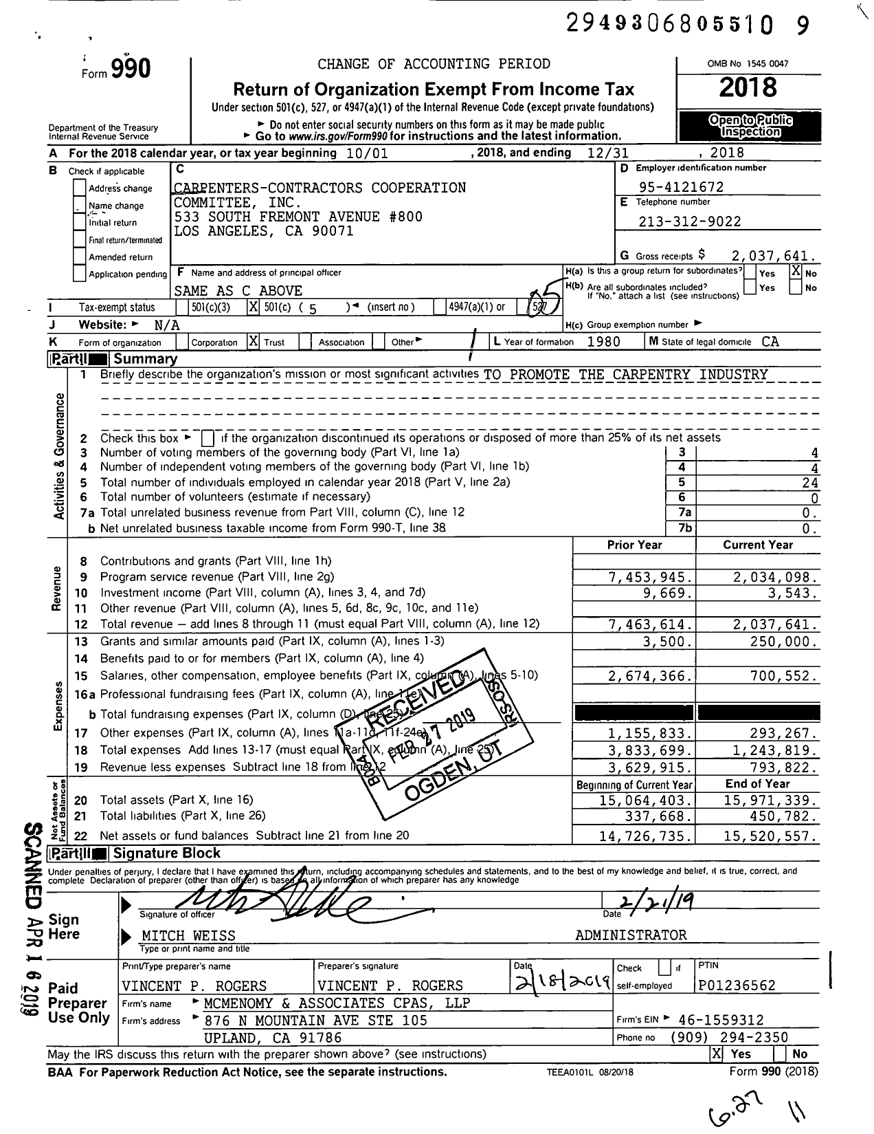Image of first page of 2018 Form 990O for Carpenters-Contractors Cooperation Committee