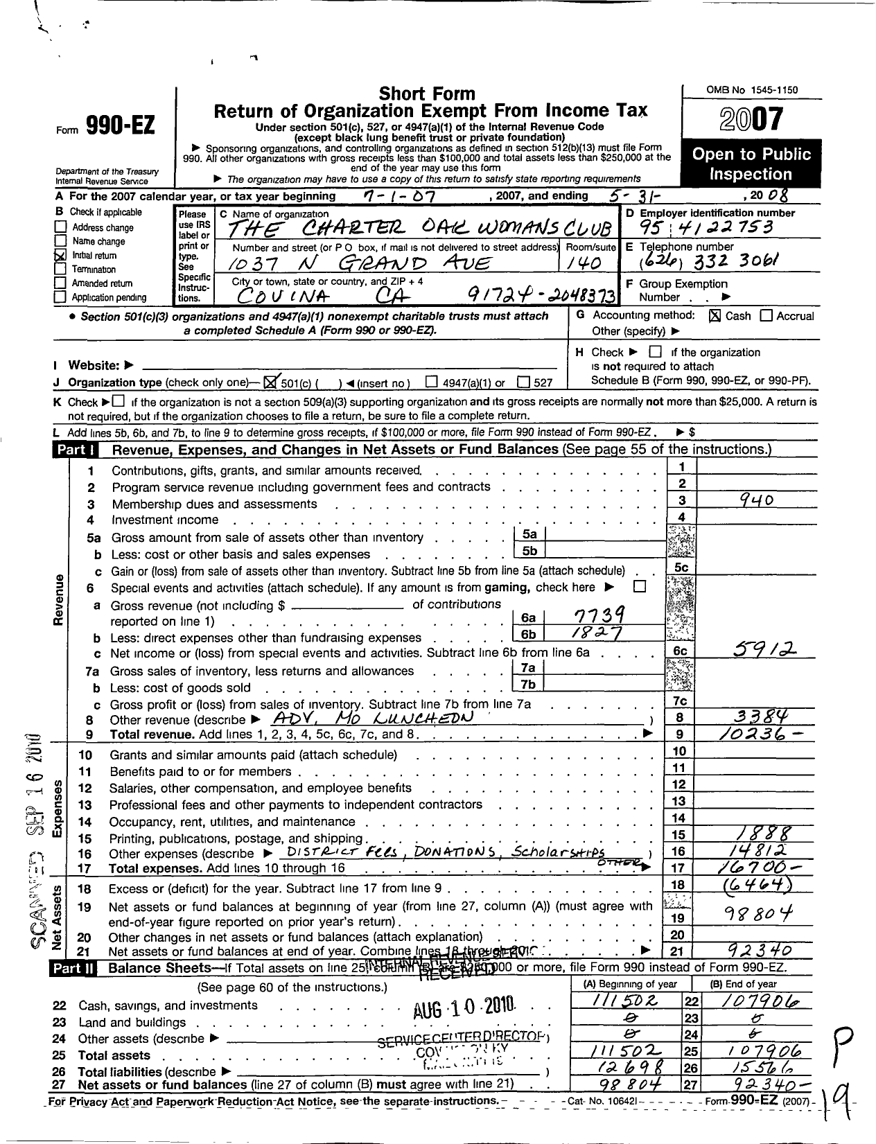 Image of first page of 2007 Form 990EO for California Federation of Women's Clubs - Charter Oak Womans Club