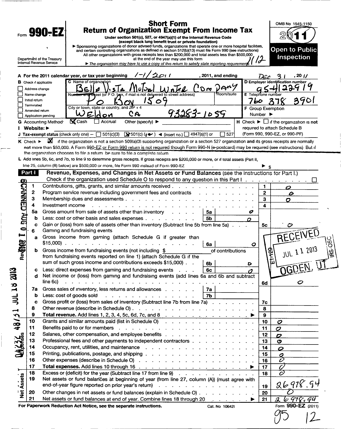 Image of first page of 2011 Form 990EO for Bella Vista Mutual Water Company