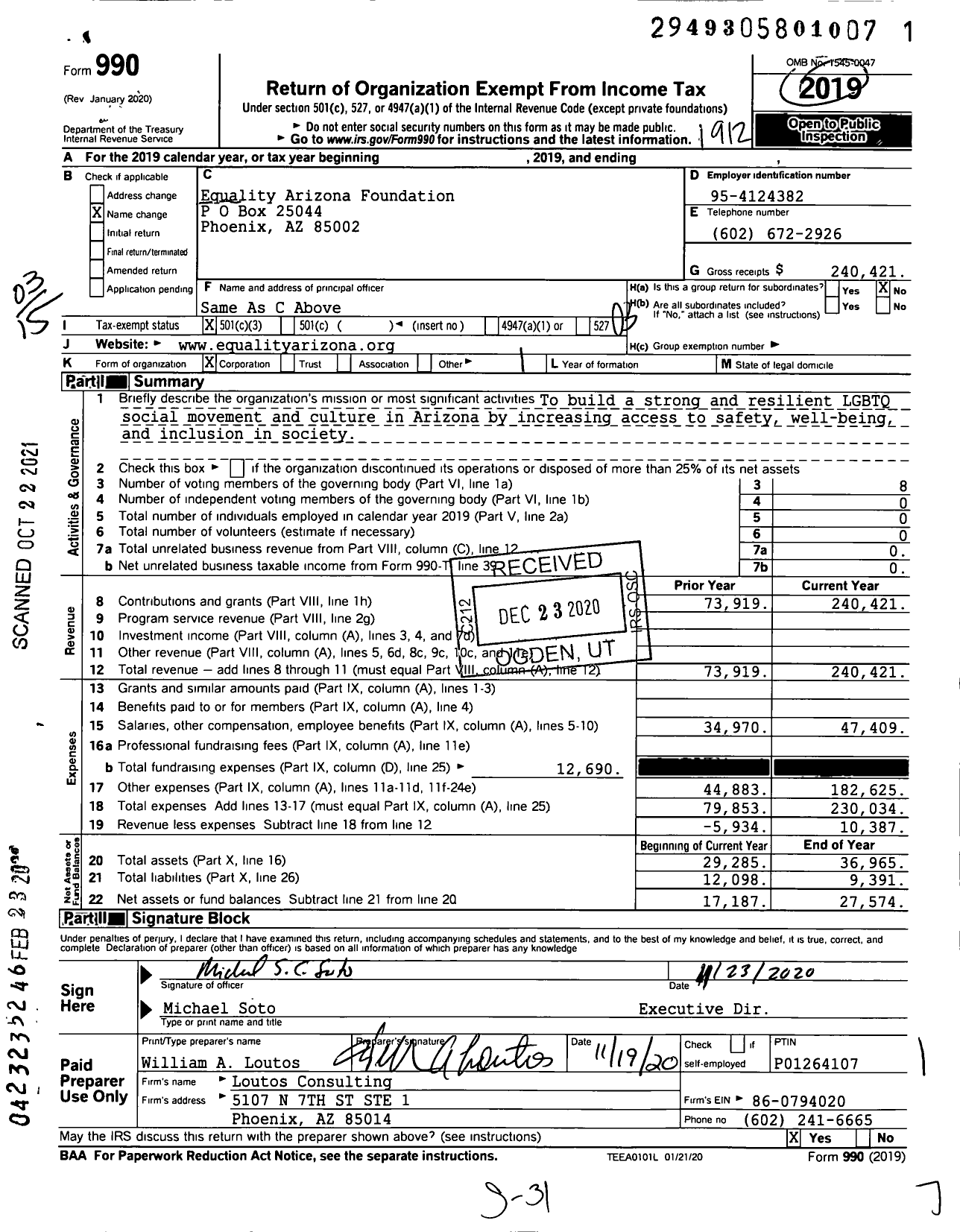 Image of first page of 2019 Form 990 for Equality Arizona Foundation