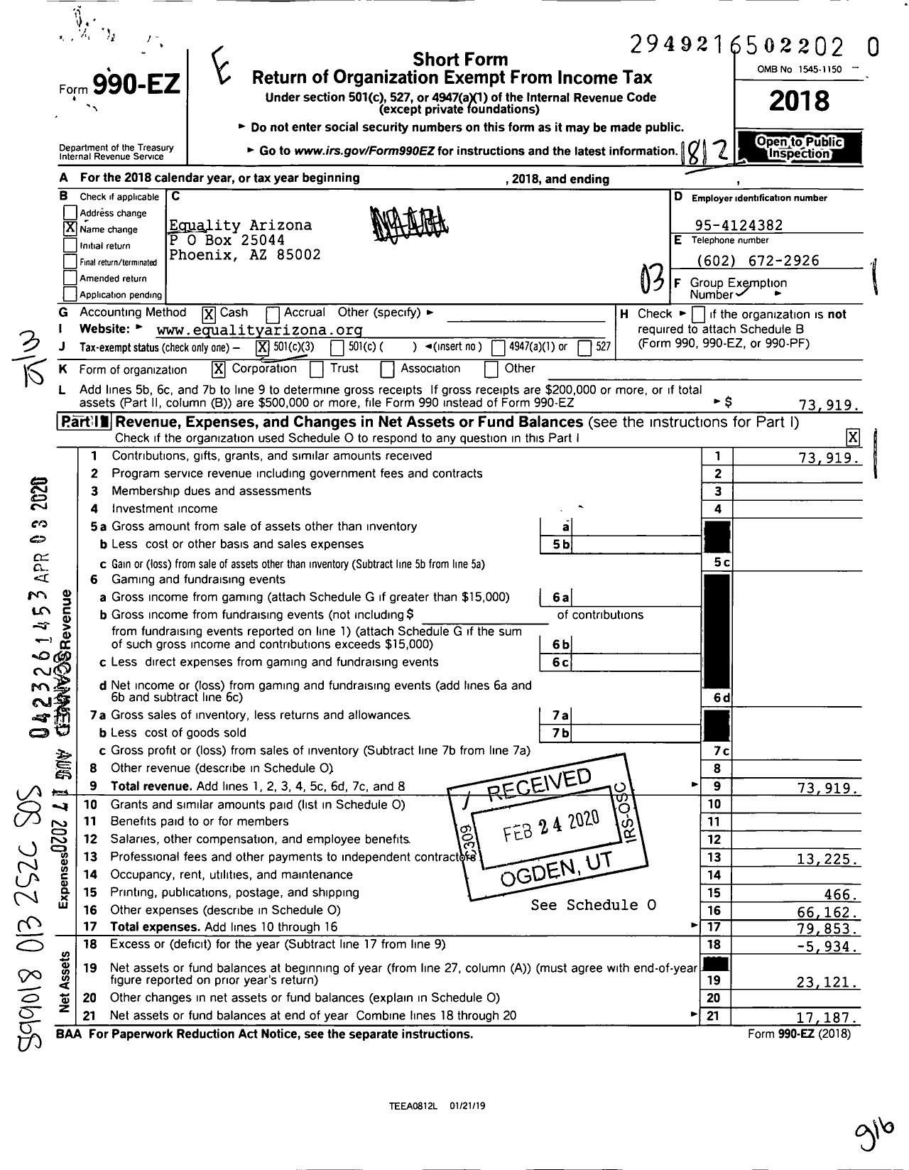 Image of first page of 2018 Form 990EZ for Equality Arizona Foundation