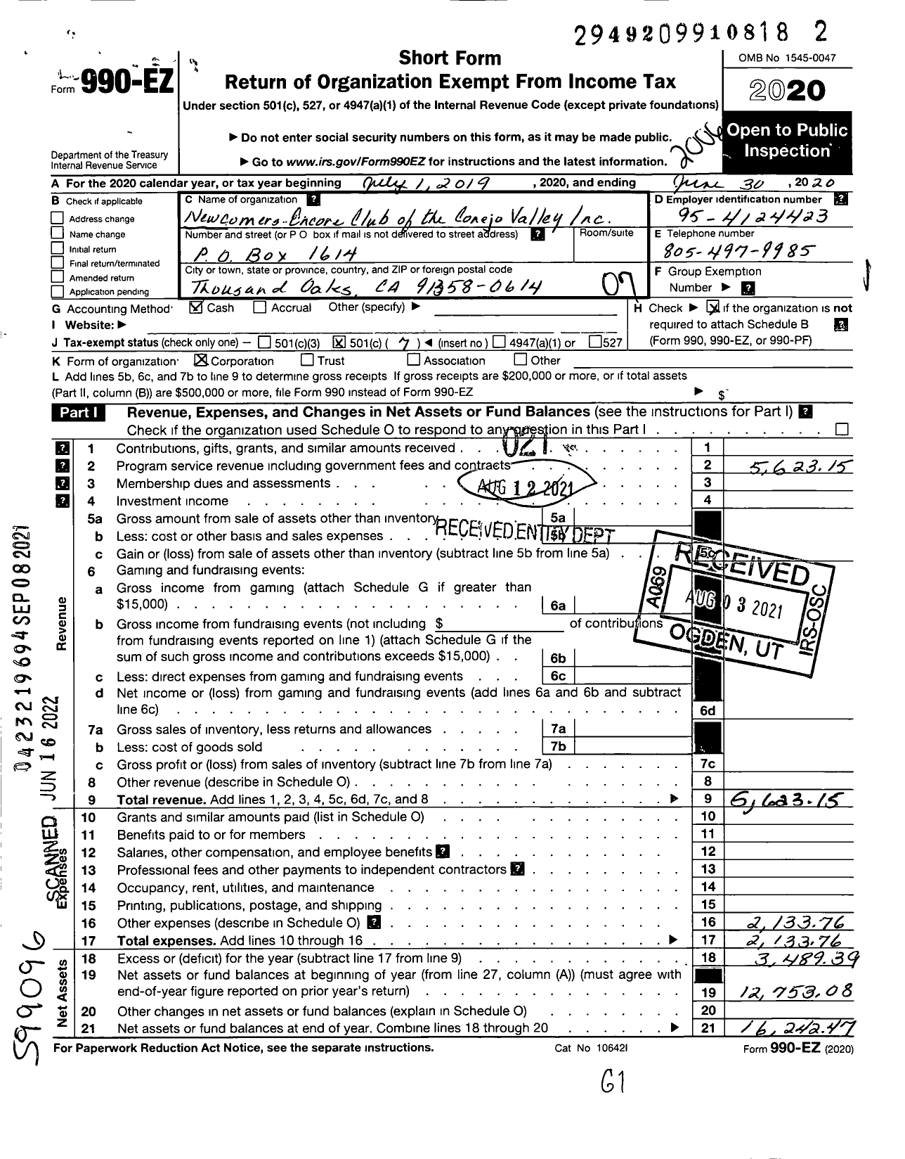 Image of first page of 2019 Form 990EO for Newcomers-Encore Club of the Conejo Valley