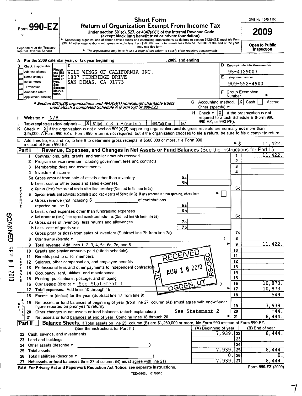 Image of first page of 2009 Form 990EZ for Wild Wings of California