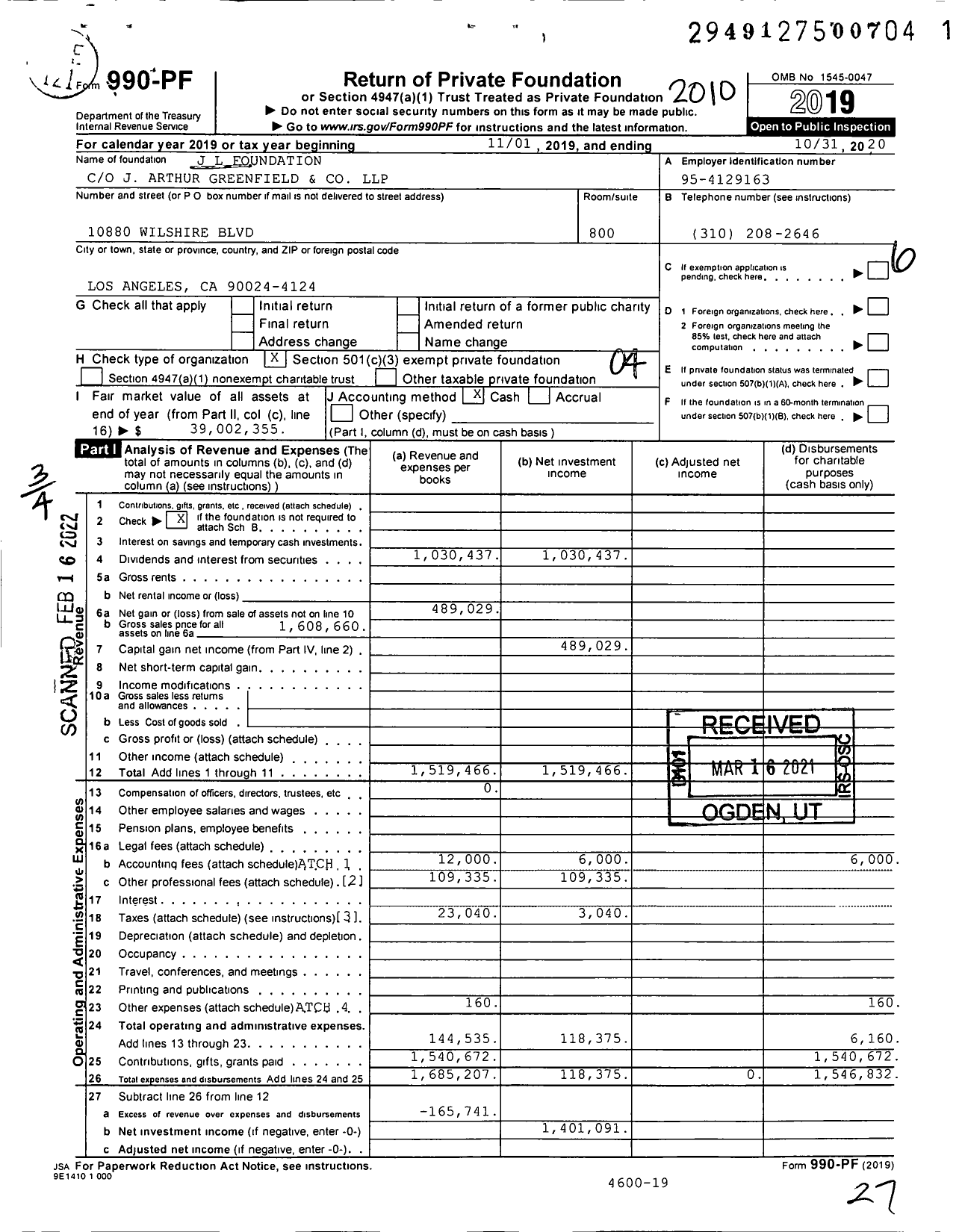 Image of first page of 2019 Form 990PF for J L Foundation