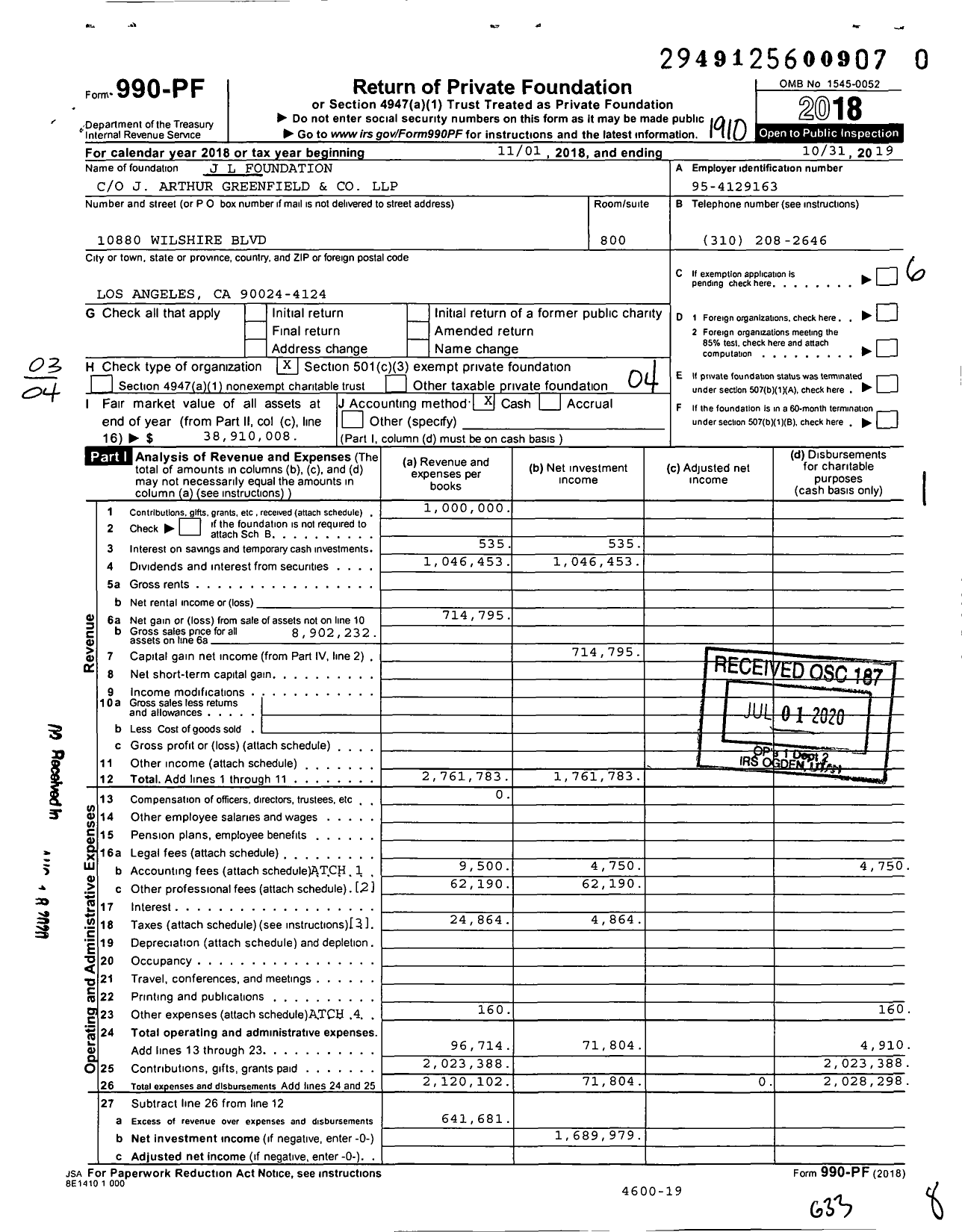 Image of first page of 2018 Form 990PR for J L Foundation