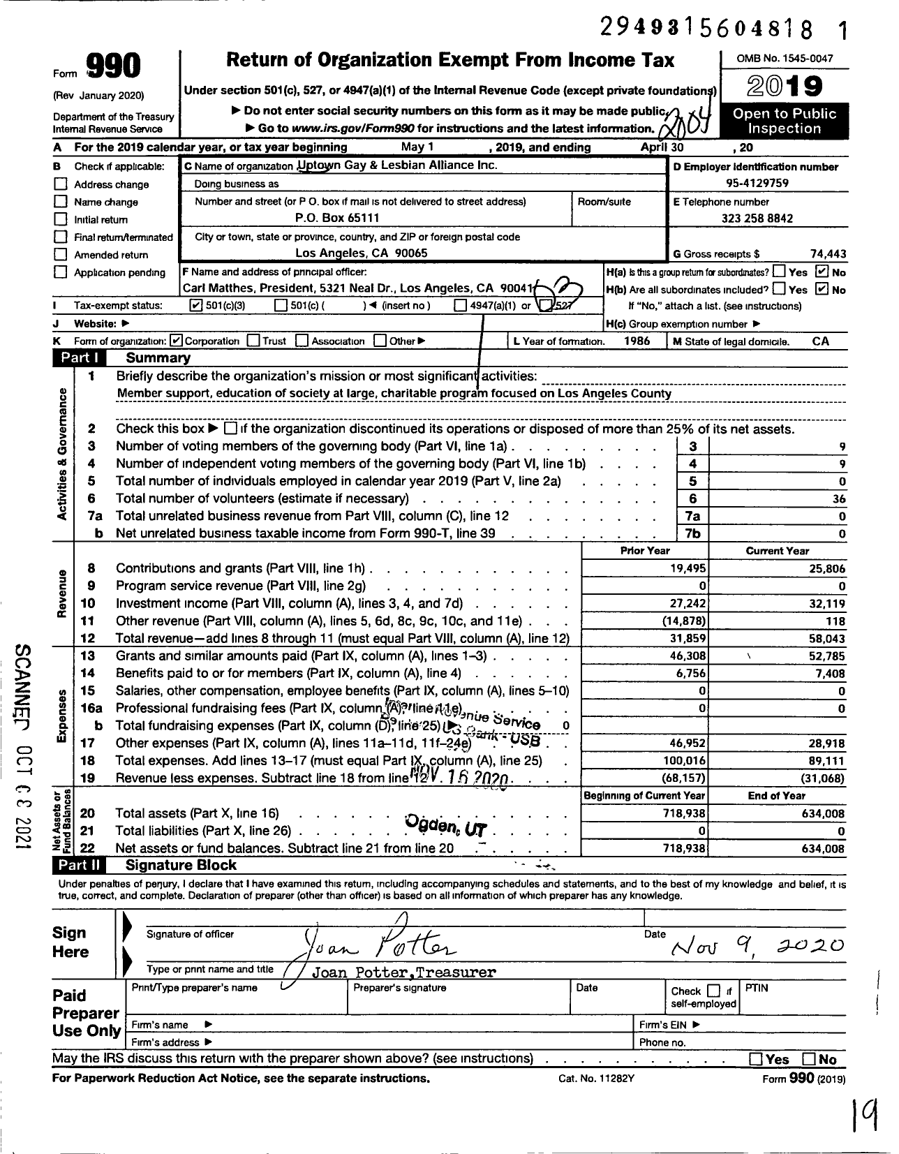 Image of first page of 2019 Form 990 for Uptown Gay and Lesbian Alliance