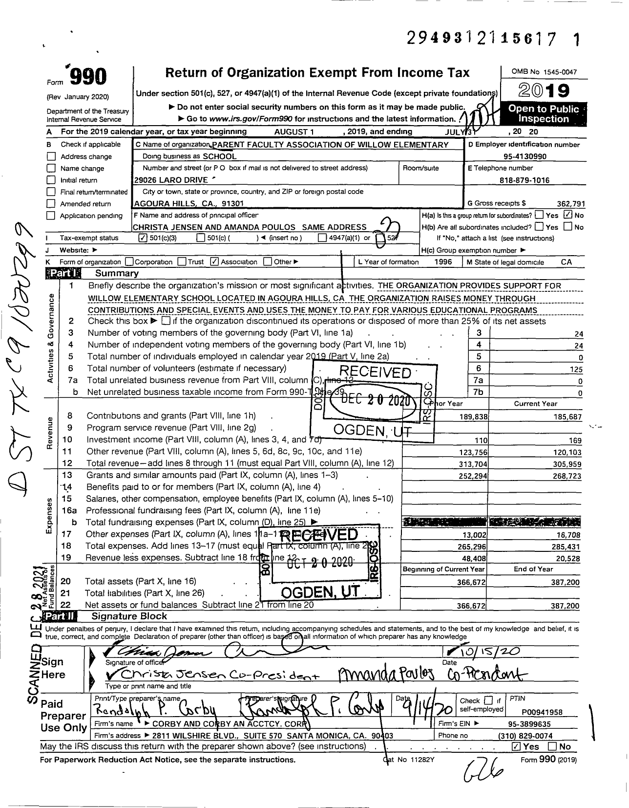 Image of first page of 2019 Form 990 for Parent Faculty Association of Willow Elementary School