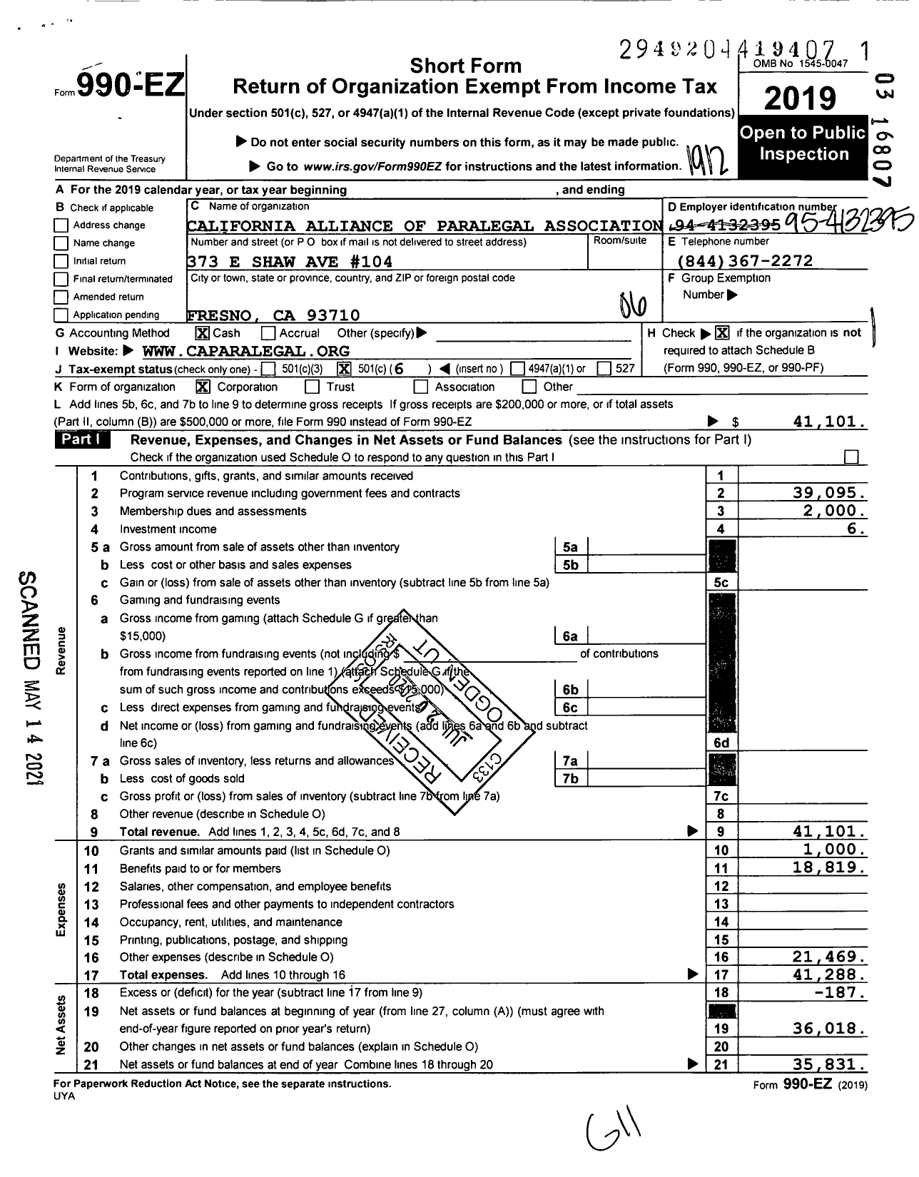 Image of first page of 2019 Form 990EO for California Alliance of Paralegal Associations