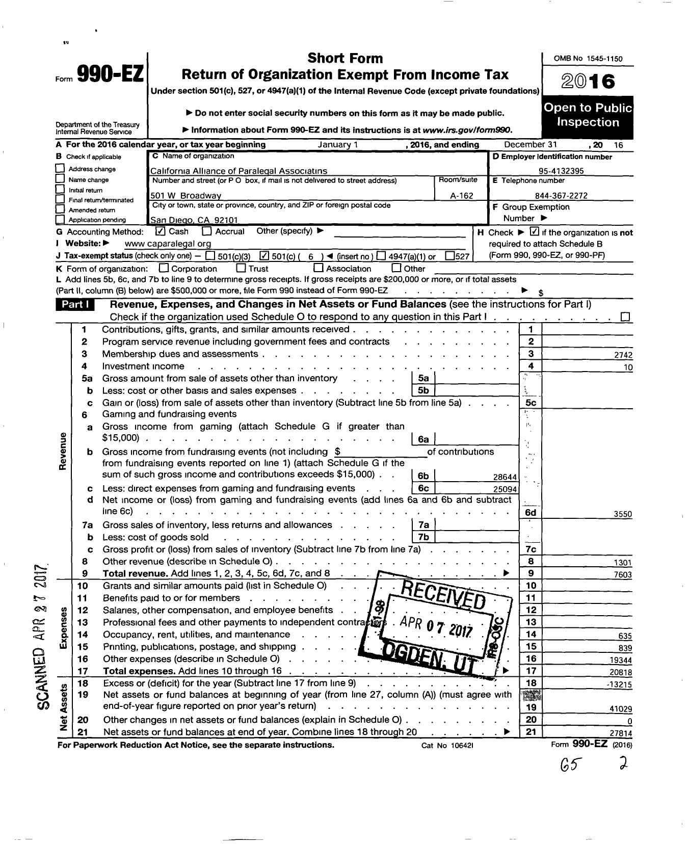 Image of first page of 2016 Form 990EO for California Alliance of Paralegal Associations