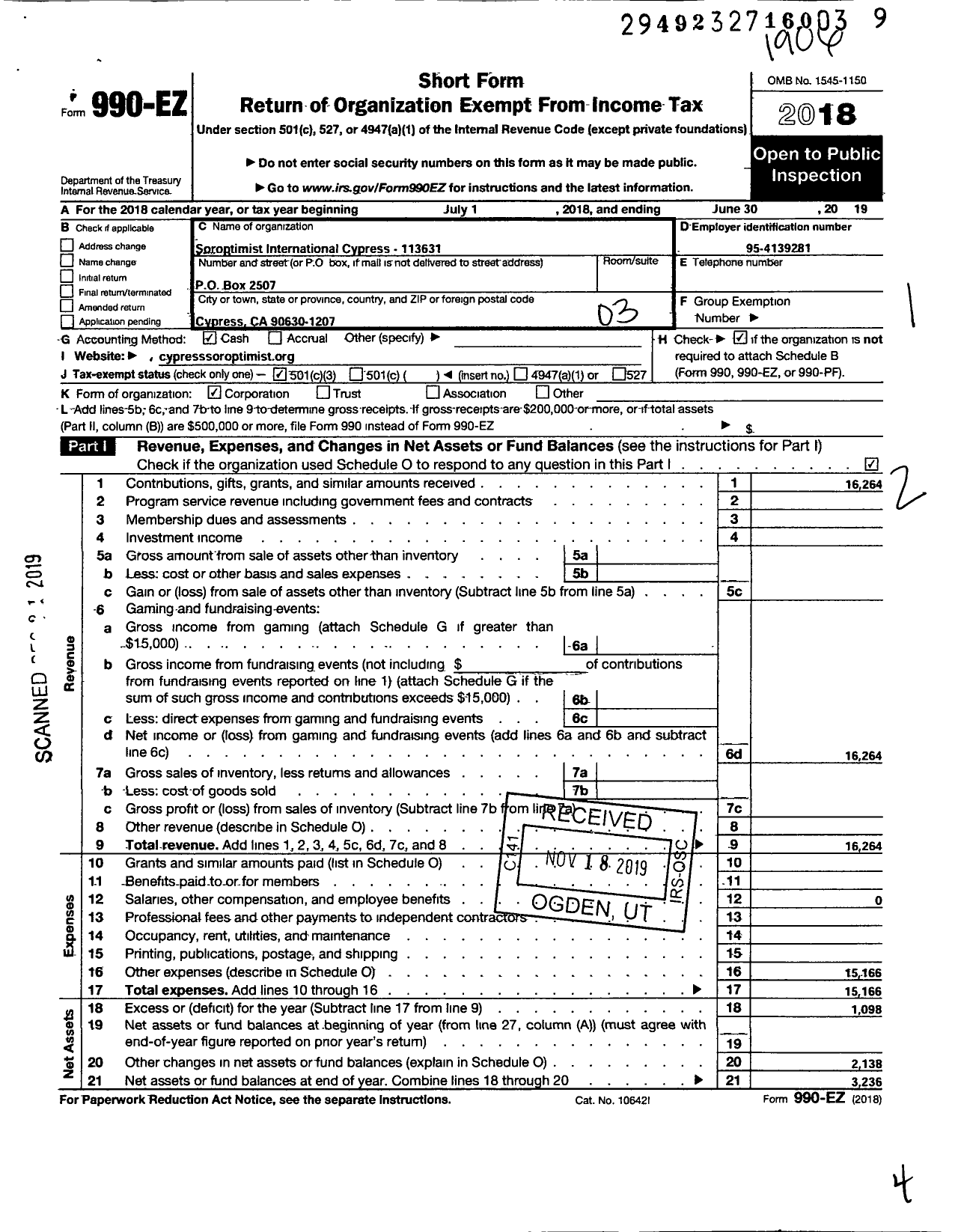 Image of first page of 2018 Form 990EZ for Soroptimist International of the Americas - 113631 Cypress Ca