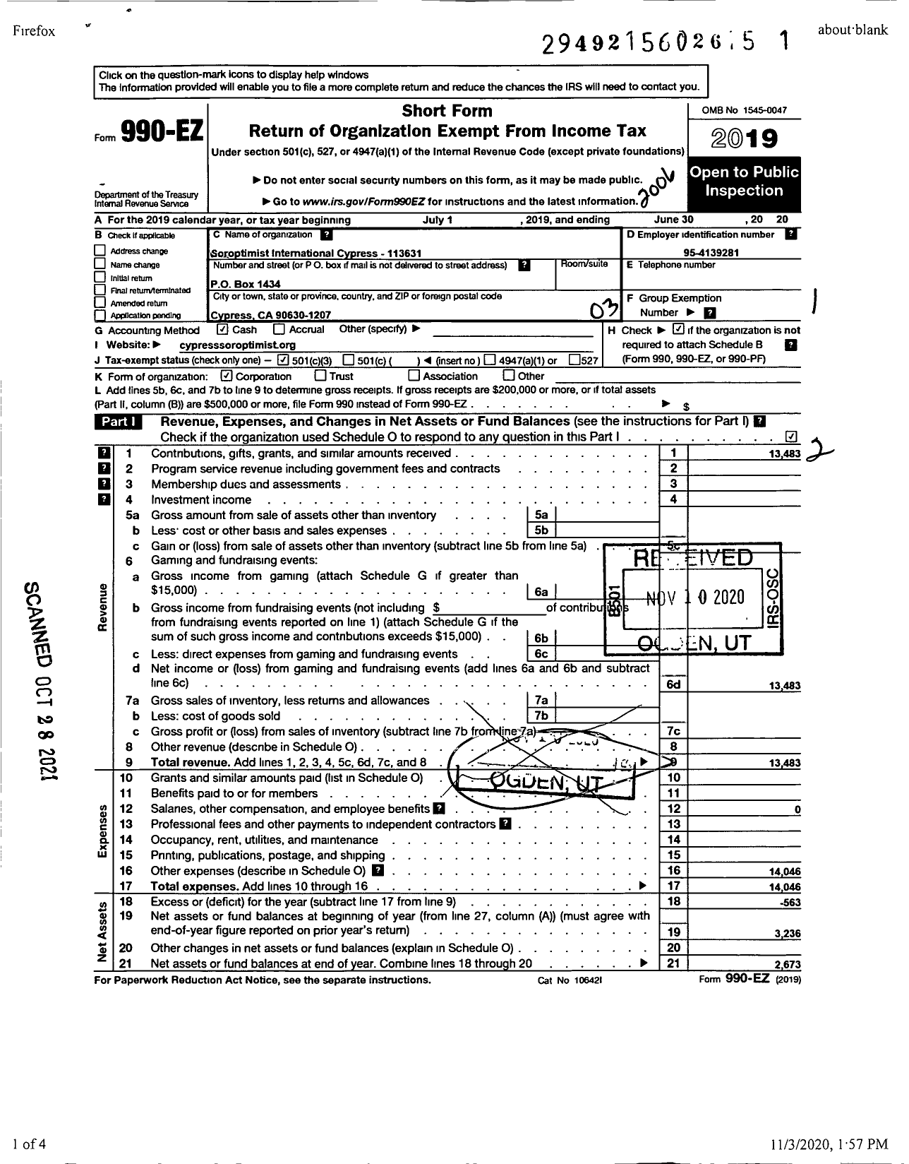 Image of first page of 2019 Form 990EZ for Soroptimist International of the Americas - 113631 Cypress Ca