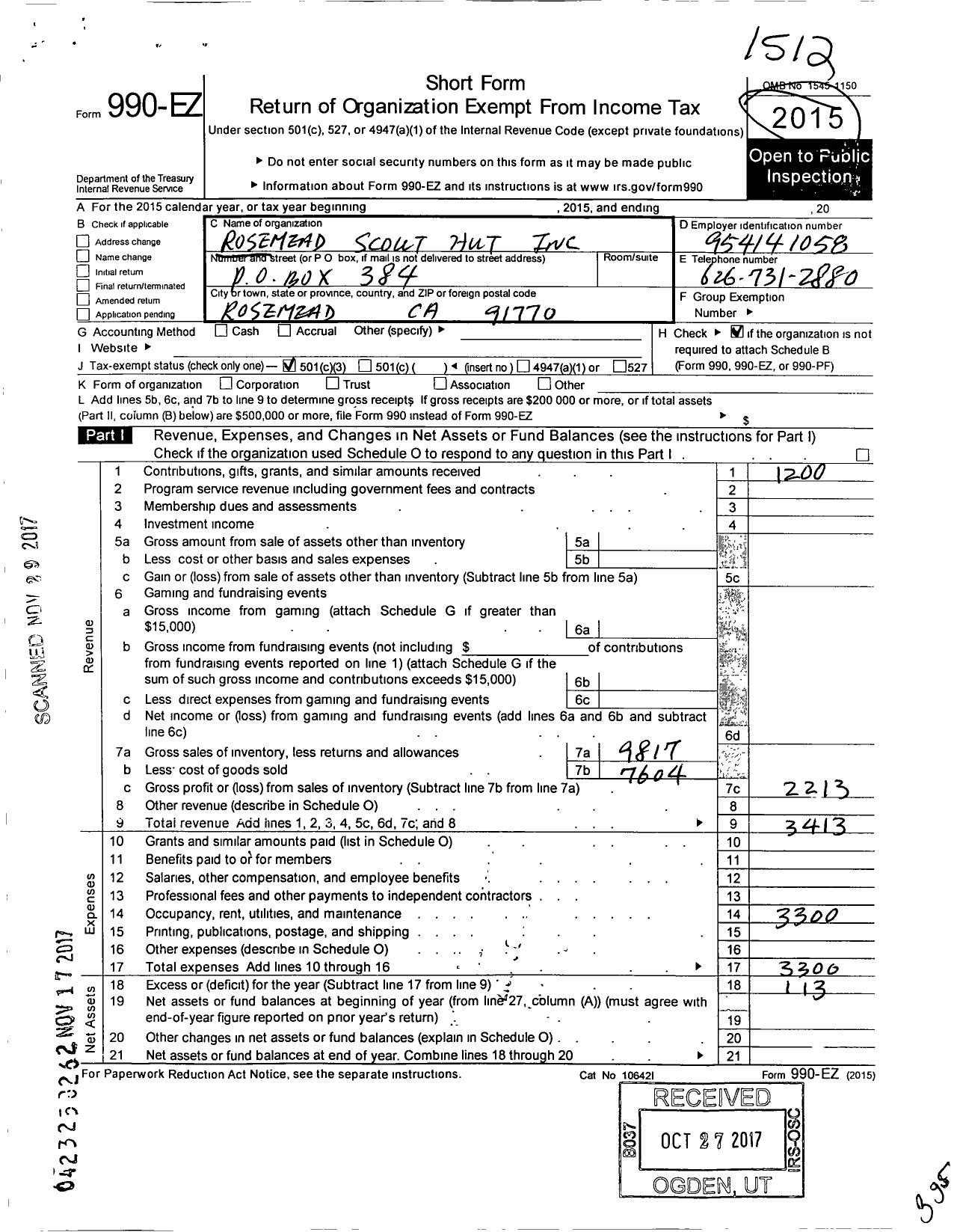 Image of first page of 2015 Form 990EZ for Rosemead Scout Hut
