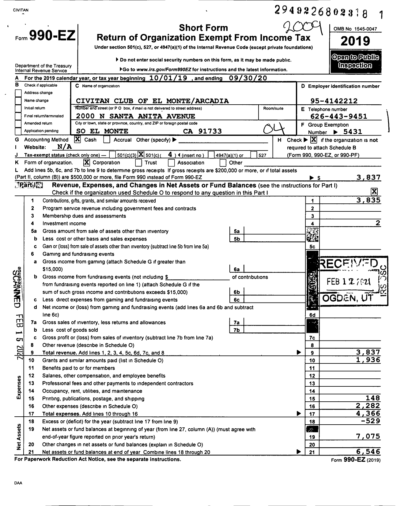 Image of first page of 2019 Form 990EO for Civitan Club of El Montearcadia