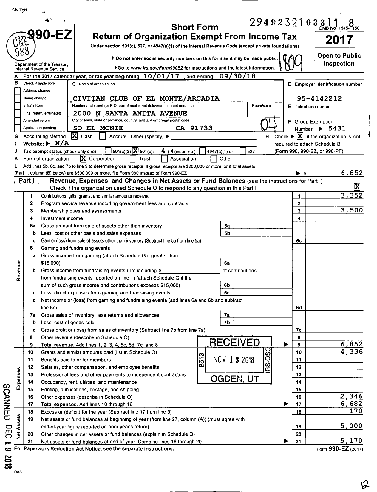 Image of first page of 2017 Form 990EO for Civitan Club of El Montearcadia