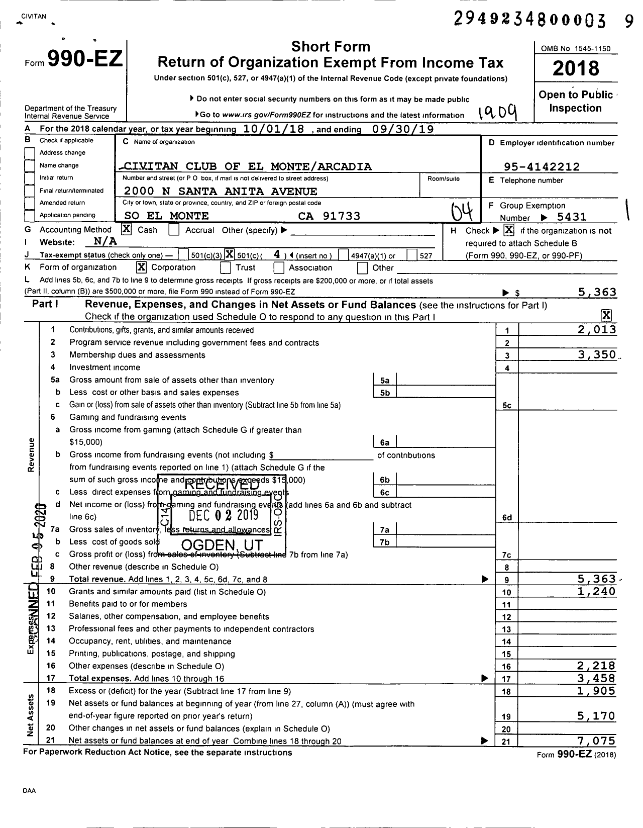 Image of first page of 2018 Form 990EO for Civitan Club of El Montearcadia