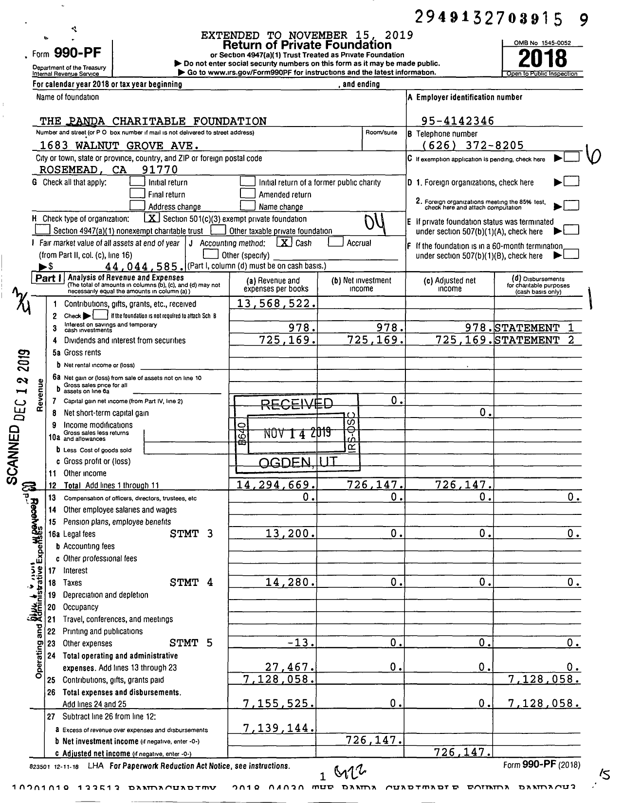 Image of first page of 2018 Form 990PF for Panda Charitable Foundation