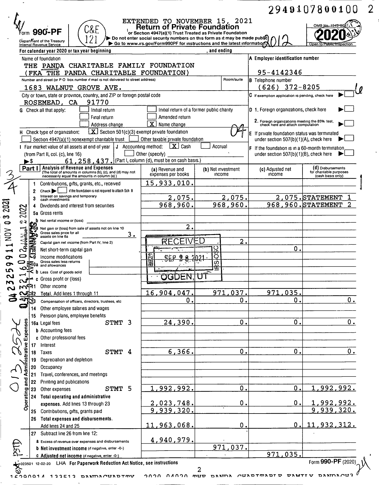 Image of first page of 2020 Form 990PF for Panda Charitable Foundation