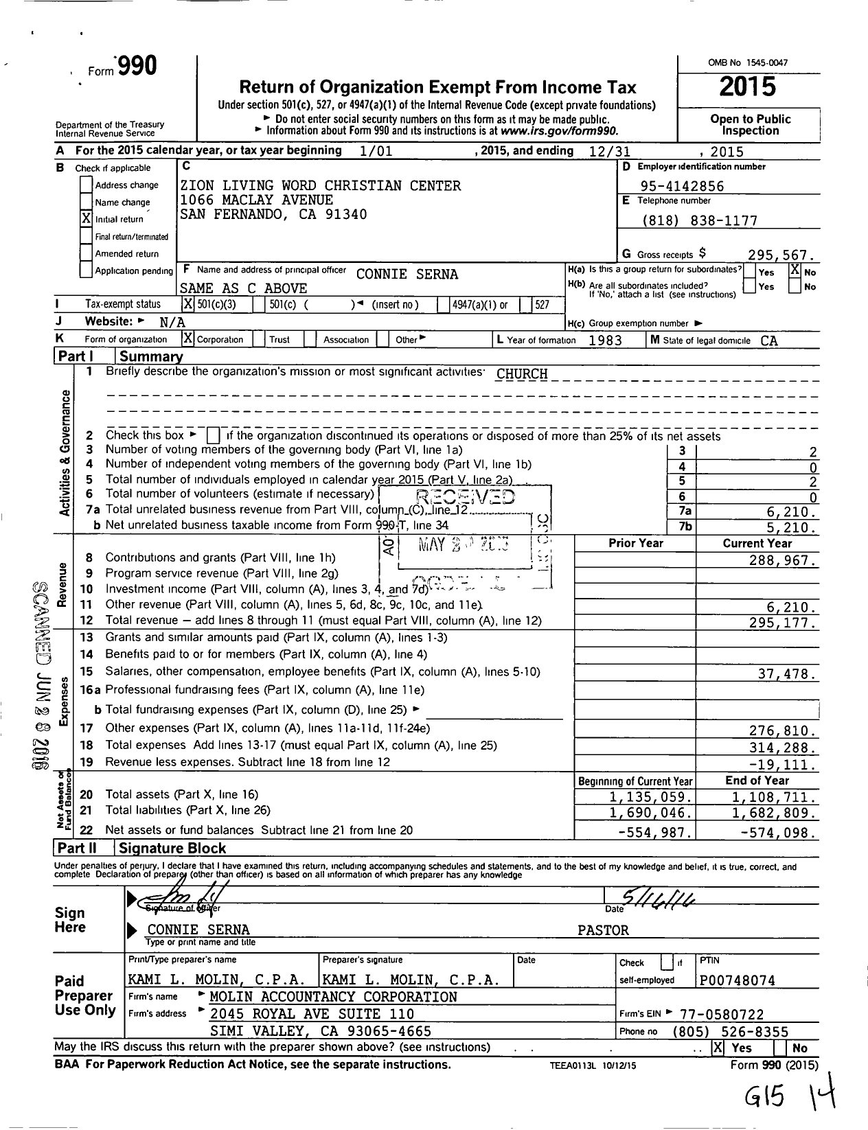 Image of first page of 2015 Form 990 for Zion Living Word Christian Center