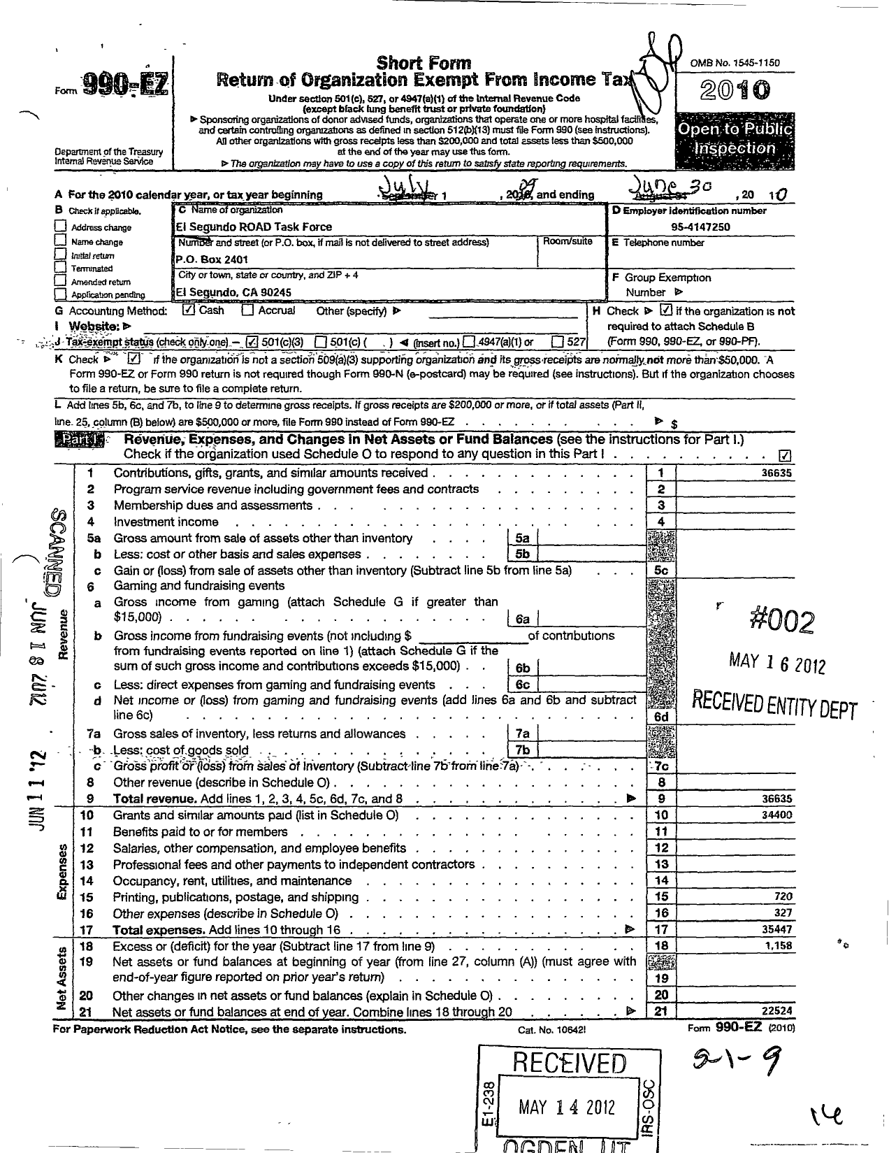 Image of first page of 2009 Form 990EZ for El Segundo R O A D Task Force