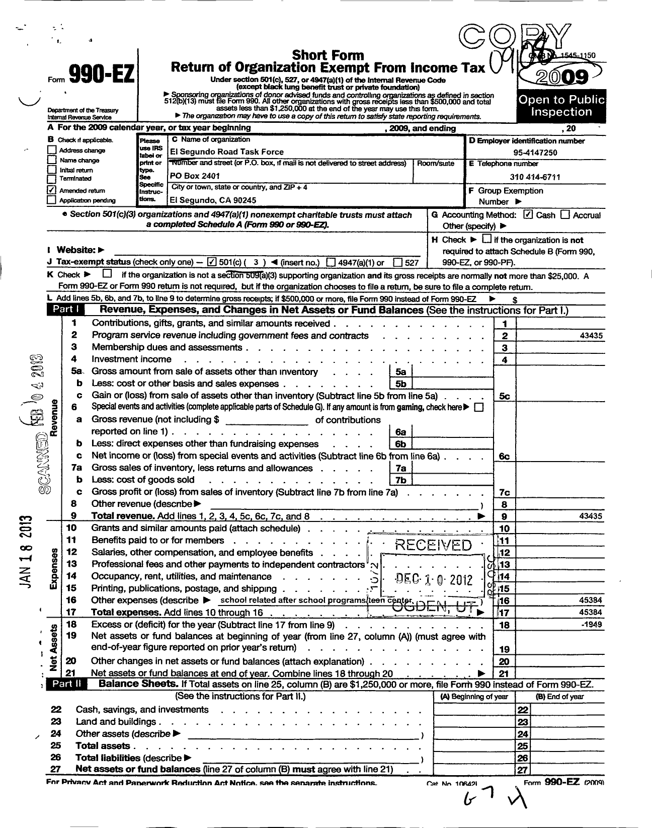 Image of first page of 2009 Form 990EZ for El Segundo R O A D Task Force