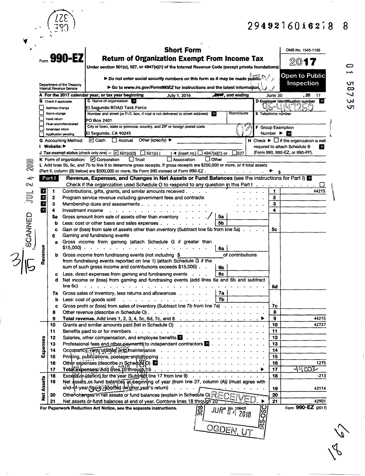 Image of first page of 2016 Form 990EZ for El Segundo R O A D Task Force