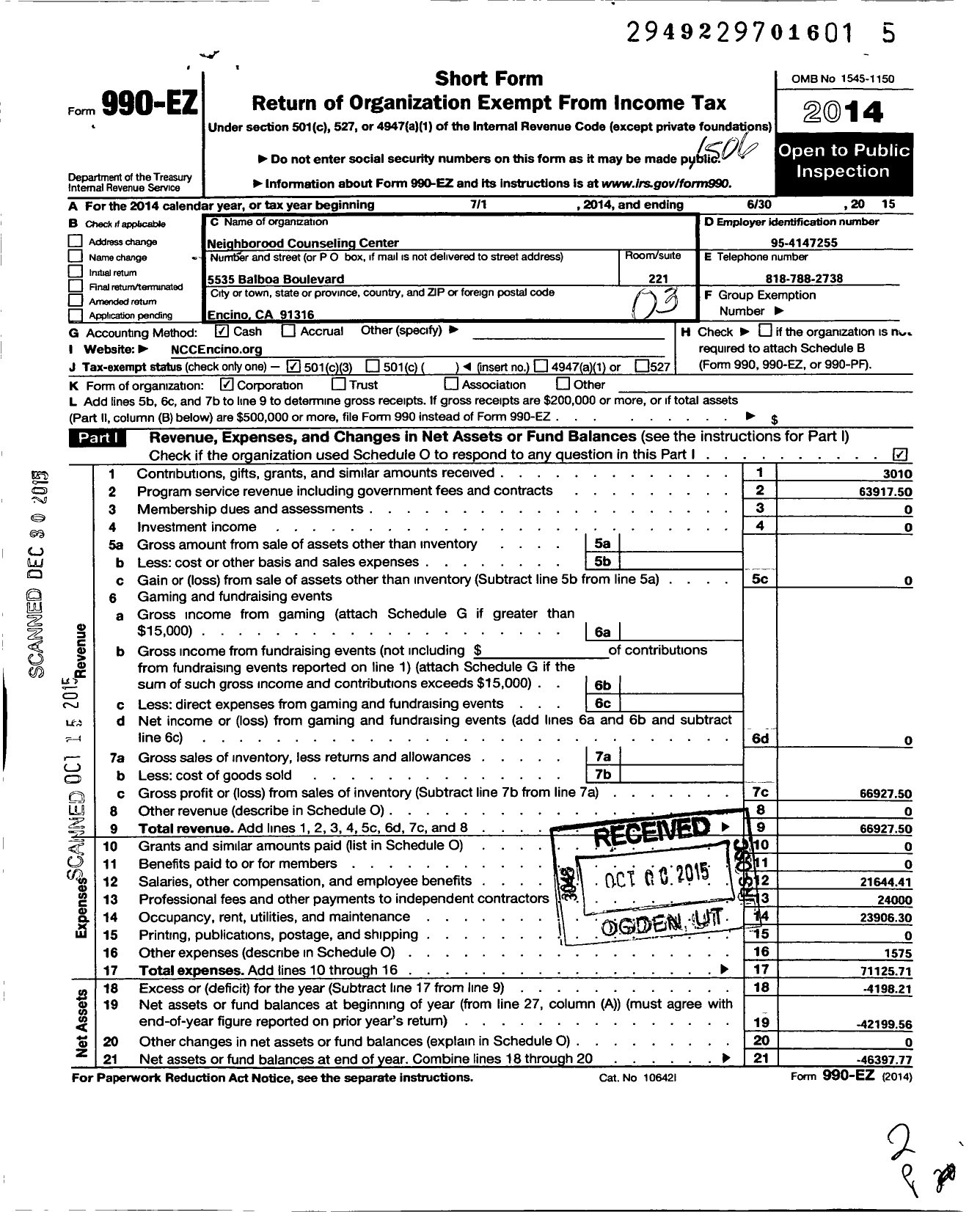 Image of first page of 2014 Form 990EZ for Neighborhood Counseling Center